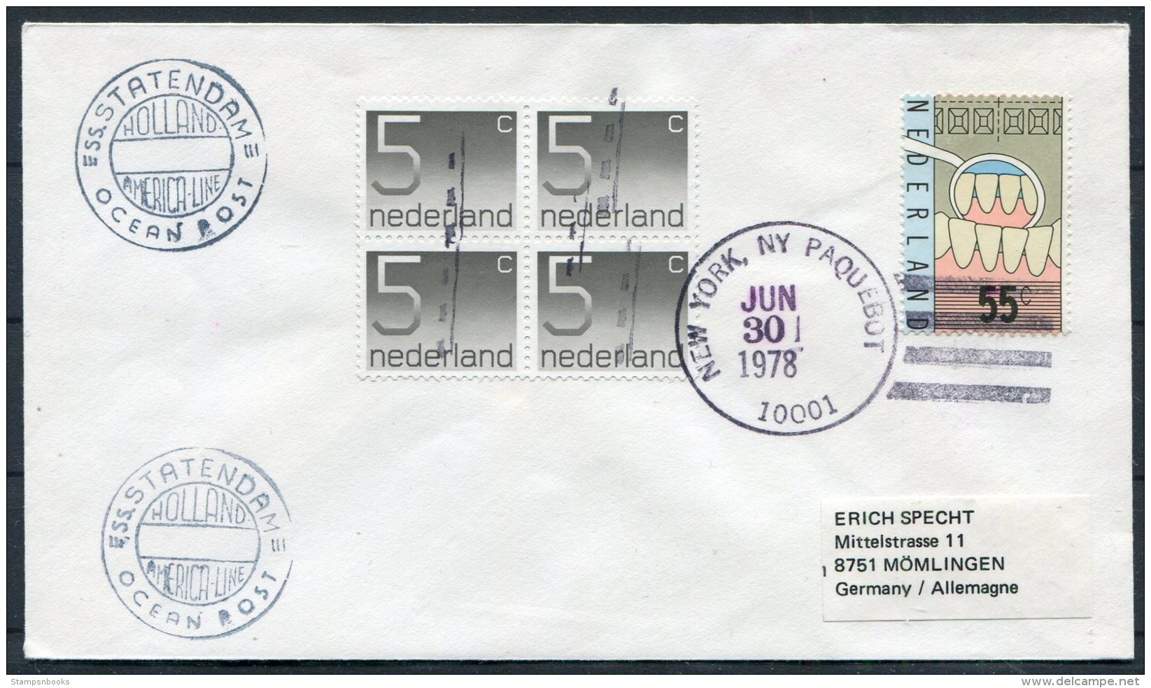 1978 Netherlands Ship Cover. S.S. STATENDAM Ocean Post New York,USA PAQUEBOT - Covers & Documents