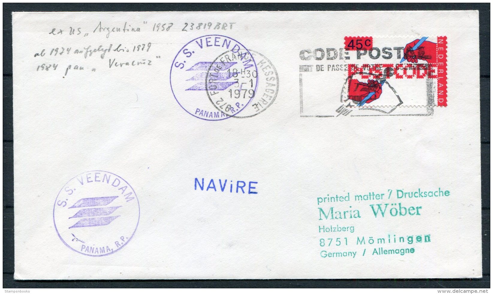 1979 Netherlands Holland Ship Cover. S.S.VEENDAM Paquebot NAVIRE Fort De France - Covers & Documents