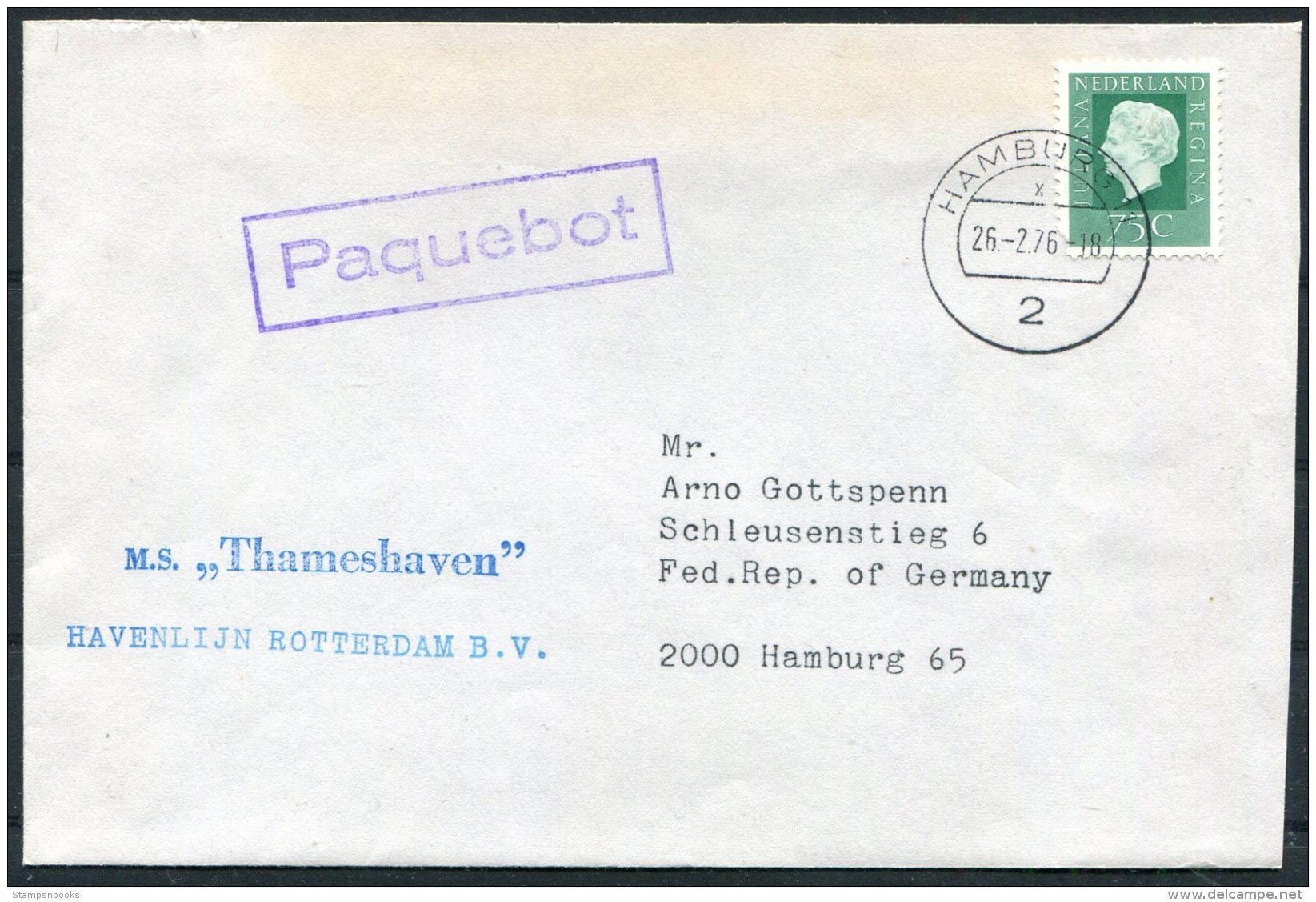 1976 Netherlands Holland Ship Cover M.S. THAMESHAVEN. Hamburg Germany Paquebot - Covers & Documents