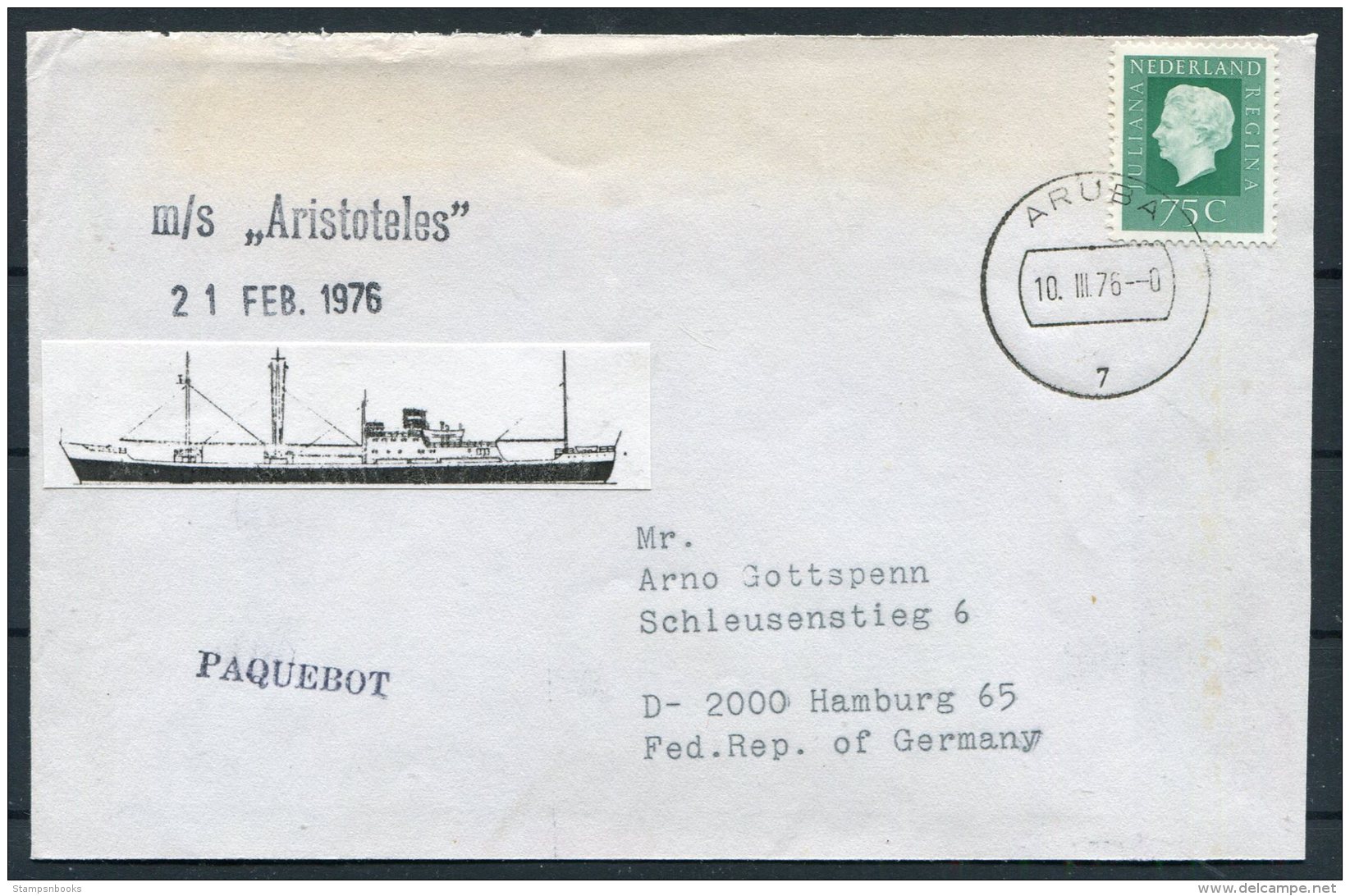1976 Netherlands Ship Cover M.S. ARISTOTELES Aruba Paquebot - Covers & Documents