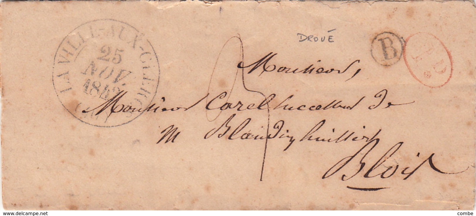 LETTRE.    25 NOV 42 .    LOIR ET CHER   LA VILLE-AUX-CLERCS.     BOITE  RURALE  =   B   DROUE   / 77 - 1801-1848: Précurseurs XIX