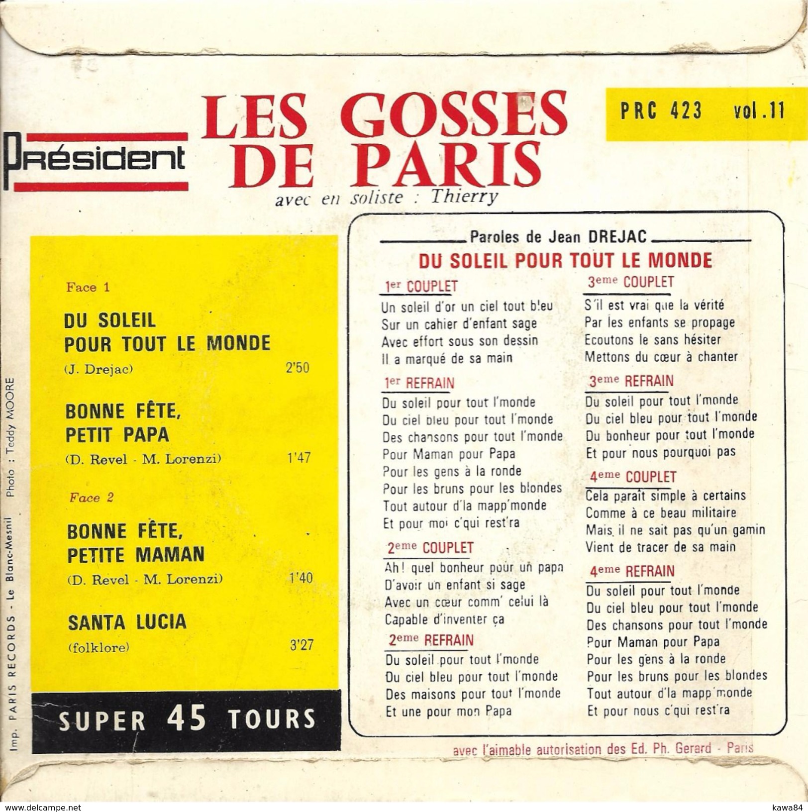 EP 45 RPM (7")  Les Gosses De Paris  "  Du Soleil Pour Tout Le Monde  " - Sonstige - Franz. Chansons