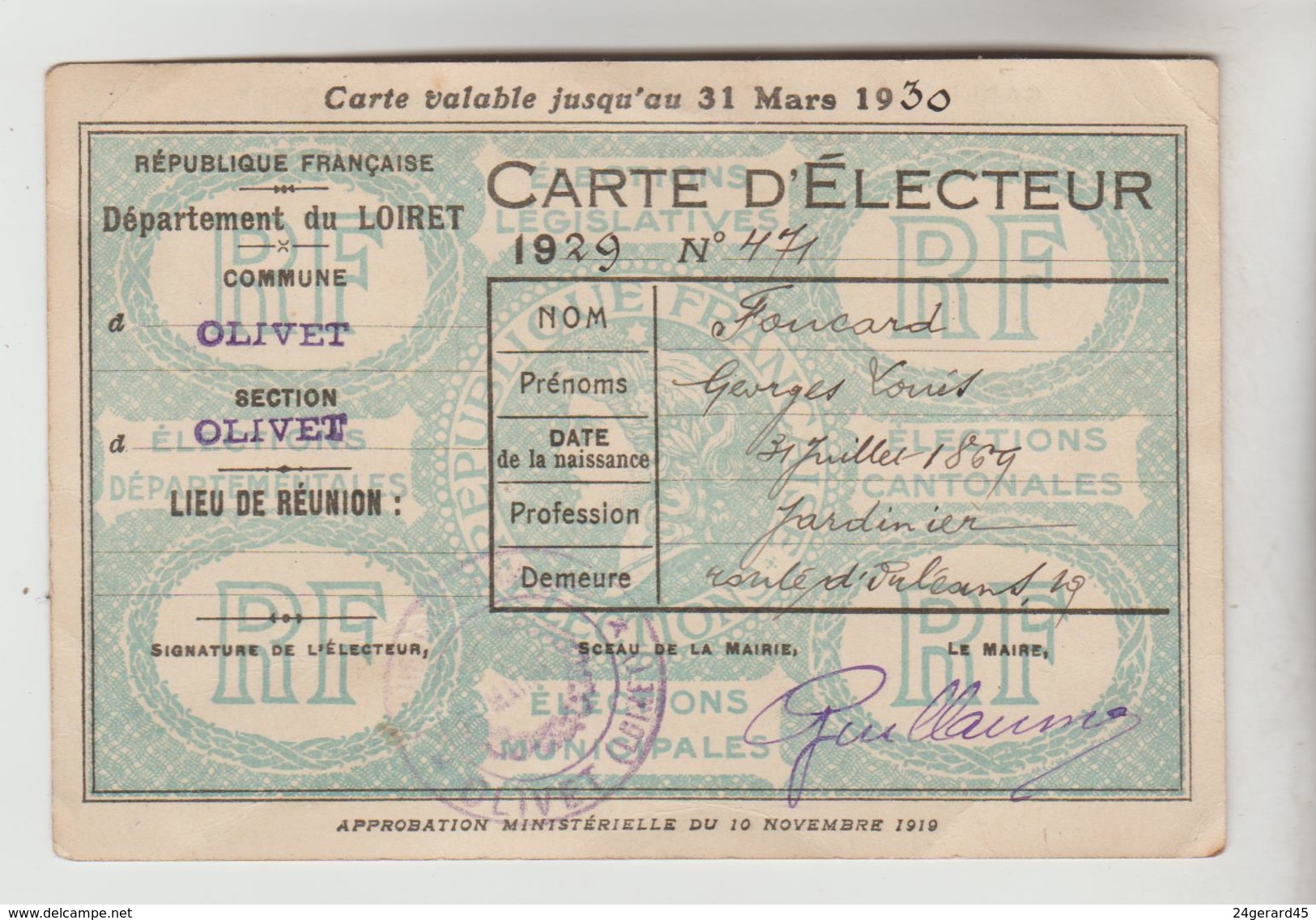 CARTE D'ELECTEUR N°471 DE 1929 ETABLIE MAIRIE D'OLIVET (Loiret) - Autres & Non Classés