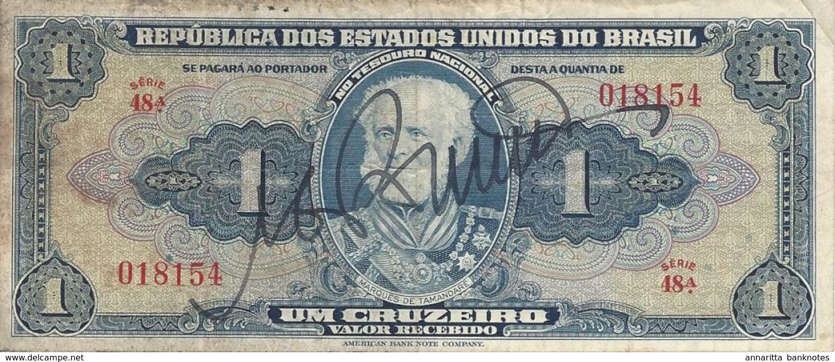 Brazil 1 Cruzeiro ND (1944) , Handwritten Signature Serie 48A VF, P-132a - Brazil