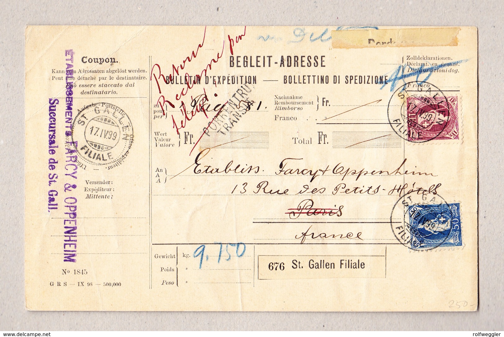 Schweiz Stehende 50Rp U 1Fr St Gallen 17.4.1899 Auf Begleit-Adresse Nach Paris Mit Stempel Porrentruy Transit - Lettres & Documents