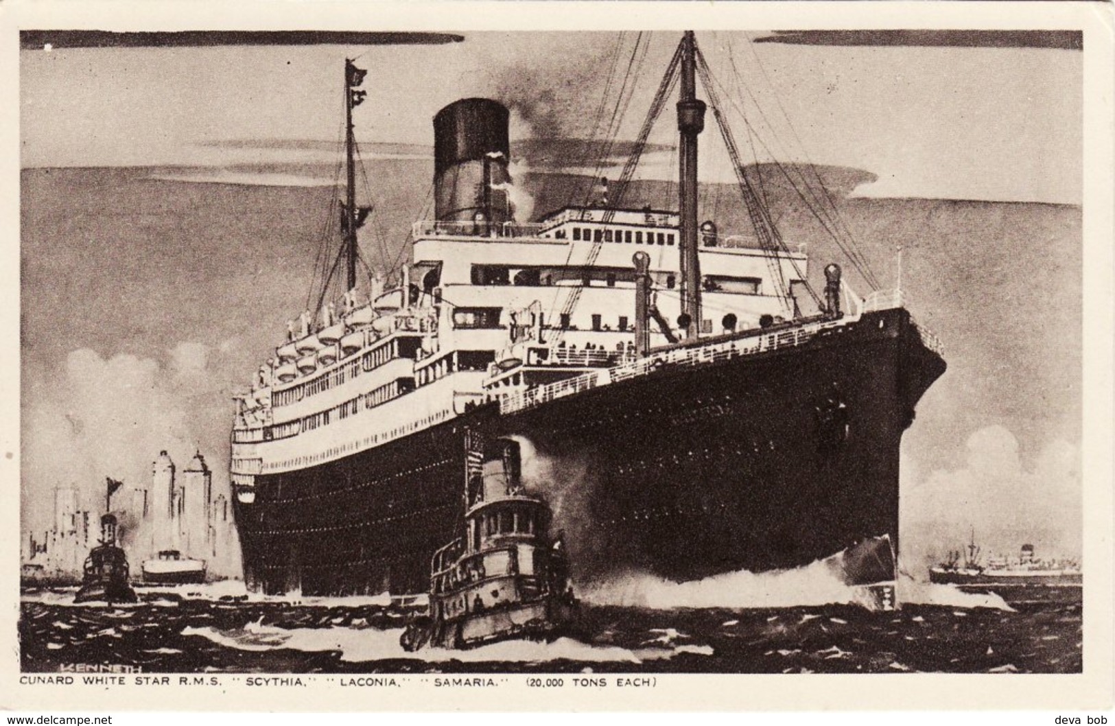 Ship Postcard Cunard White Star RMS Scythia Laconia Samaria New York Tug Boat - Steamers