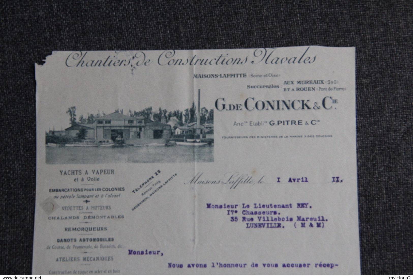 Lettre Ancienne - MAISONS LAFFITTE - Chantiers De Constructions Navales, G.de CONINCK Et Cie. - 1900 – 1949