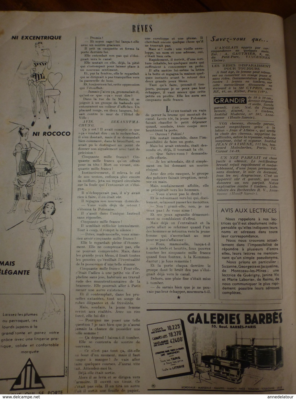 1947 RÊVES :Françoise Rosay vous répond;Agents de liaisons;CARMEN de Tommasso styliste,Taille guêpe en 6 mouvements;etc