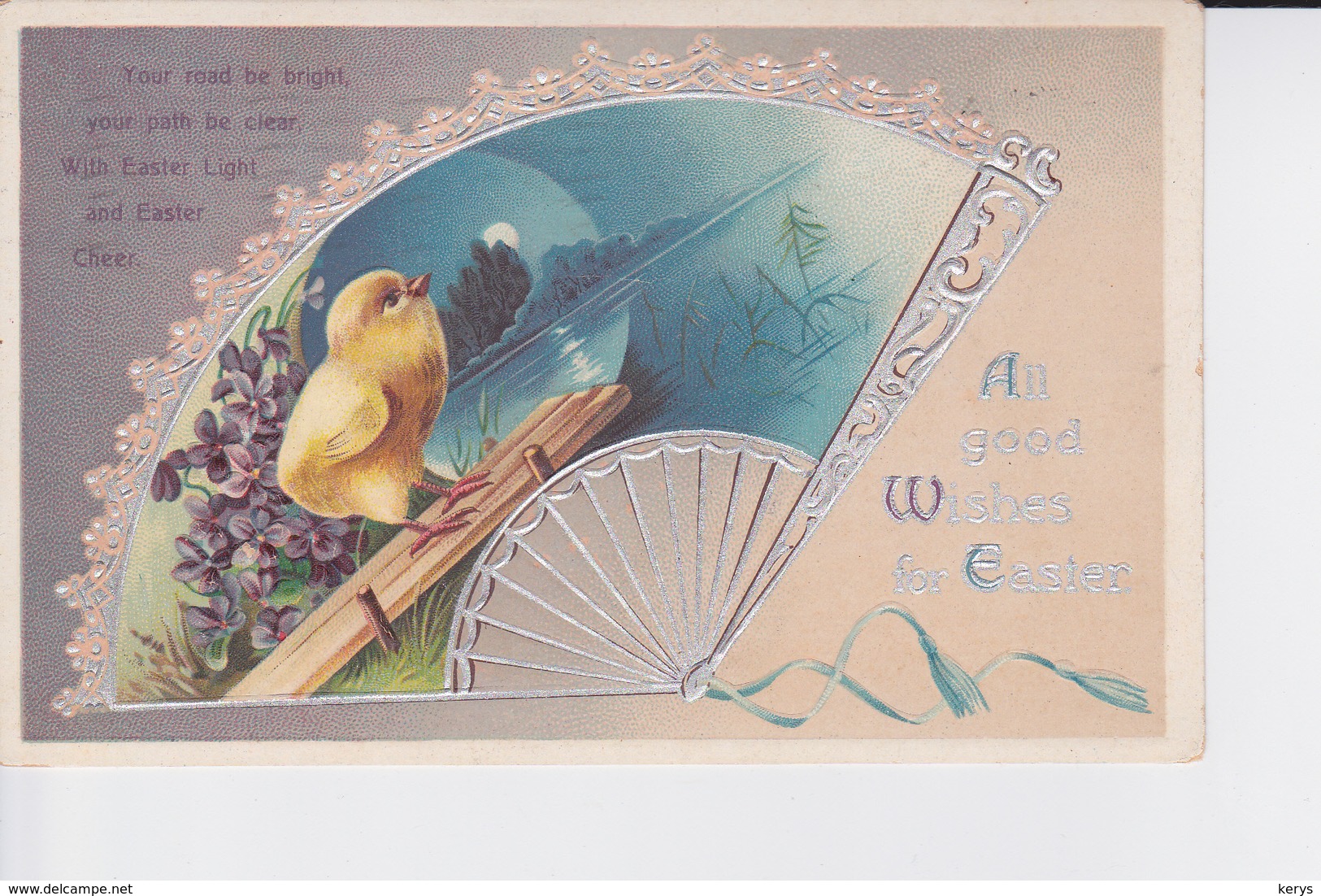 CP De 1912 : All Good Wishes For Easter : Eventail En Léger Relief Et Argenté + Poussiny - Pâques