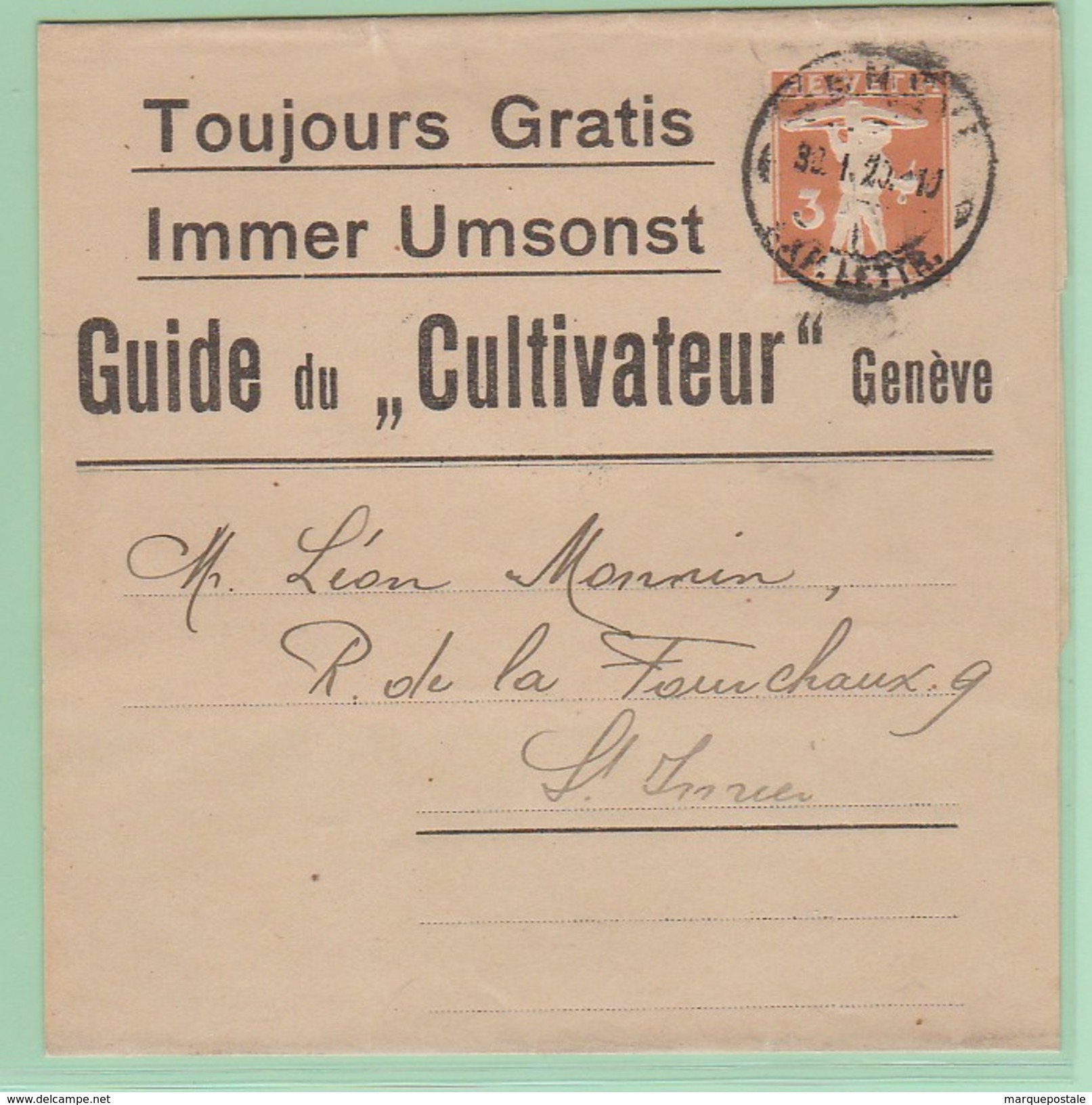 S.20 Entier Postal Bande Journal Complète  Guide Du Cultivateur  Genève 30.1.20 - Stamped Stationery