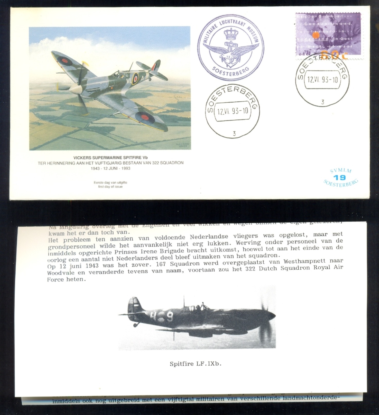 NETHERLANDS FDC * VICKERS SUPERMARINE SPITFIRE Vb * MILITARY AVIATION MUSEUM SOESTERBERG 1993 - Vliegtuigen