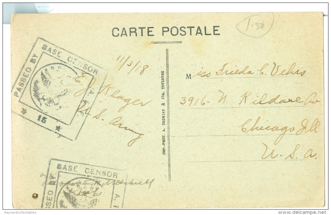 1918 France  Tours Pc Used To USA With US Base Censor Cachets - 1877-1920: Semi Modern Period