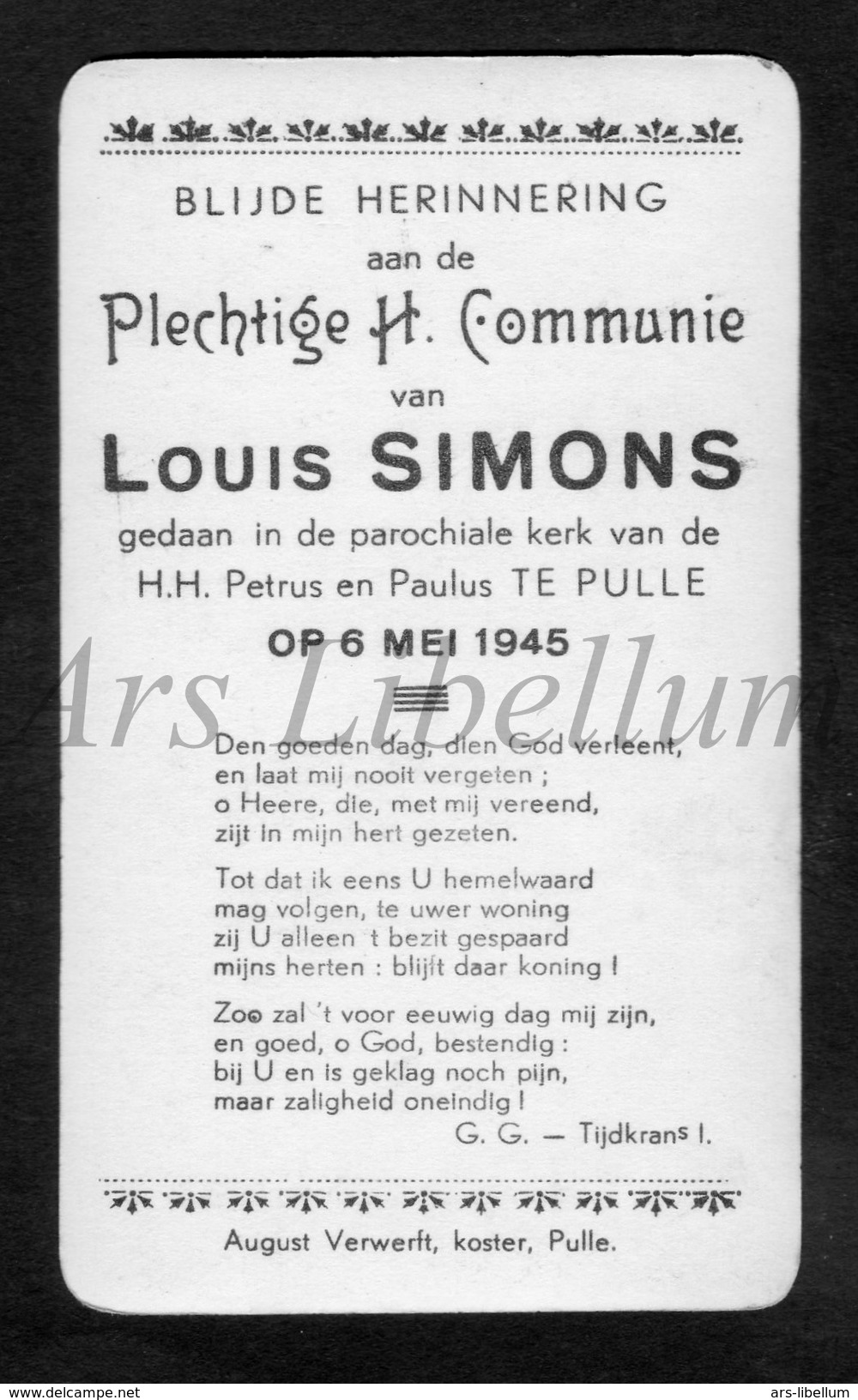 Communieprentje / Communie / Communion / 2 Scans / 1945 / Pulle / Louis Simons - Communion