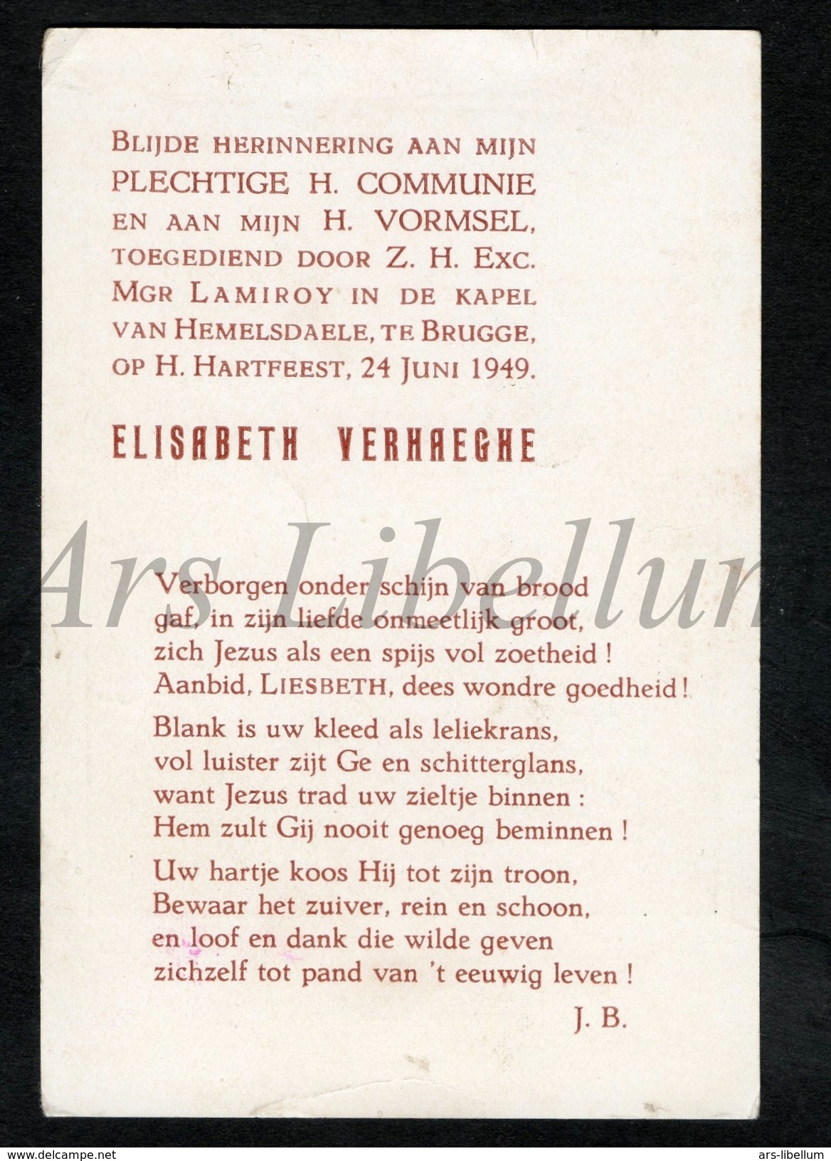 Communieprentje / Communie / Communion / 2 Scans / 1949 / Brugge / Elisabeth Verhaeghe - Communion