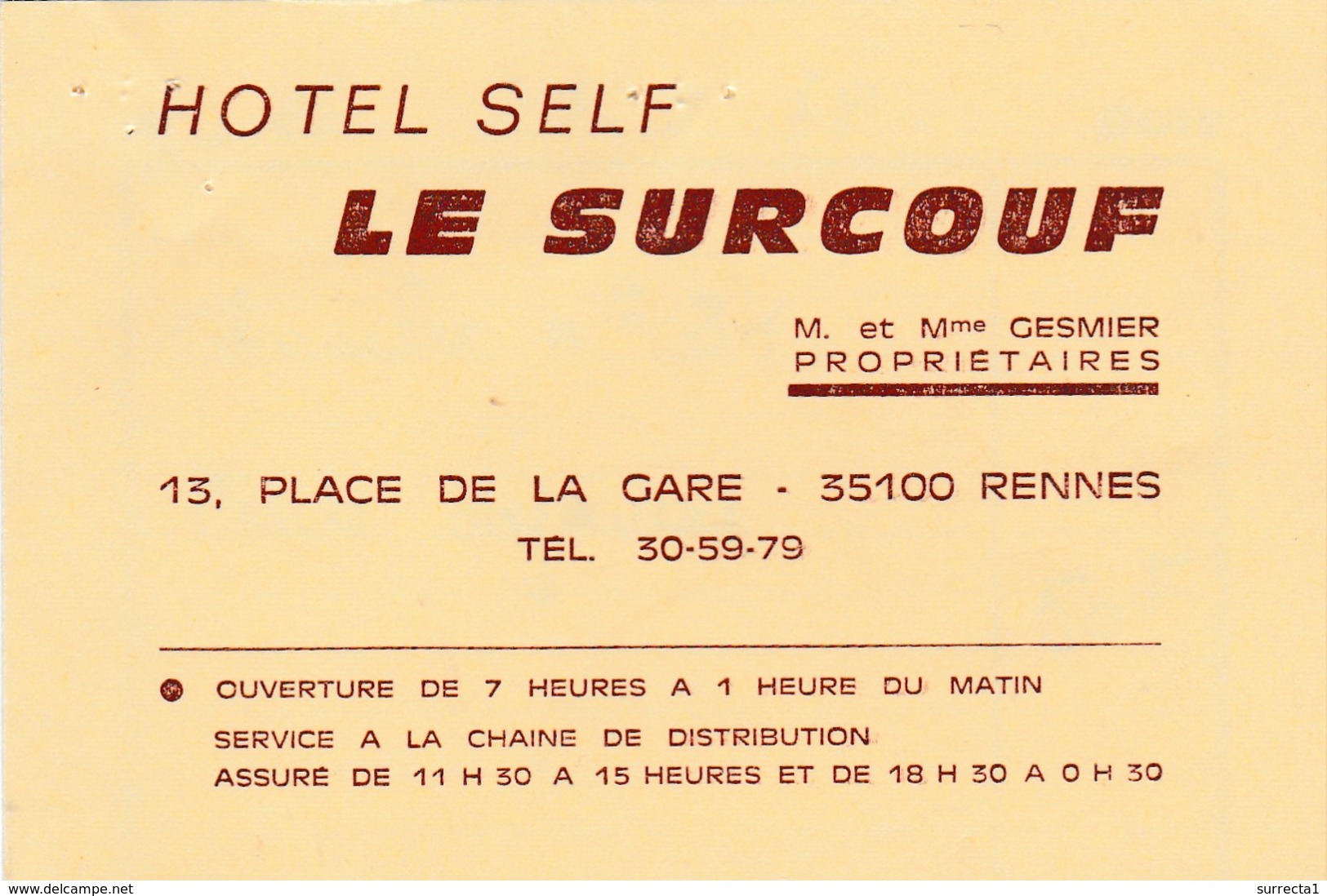 Carte Commerciale Hôtel Le SURCOUF / Mr Mme GESMIER / Rennes 35 - Autres & Non Classés