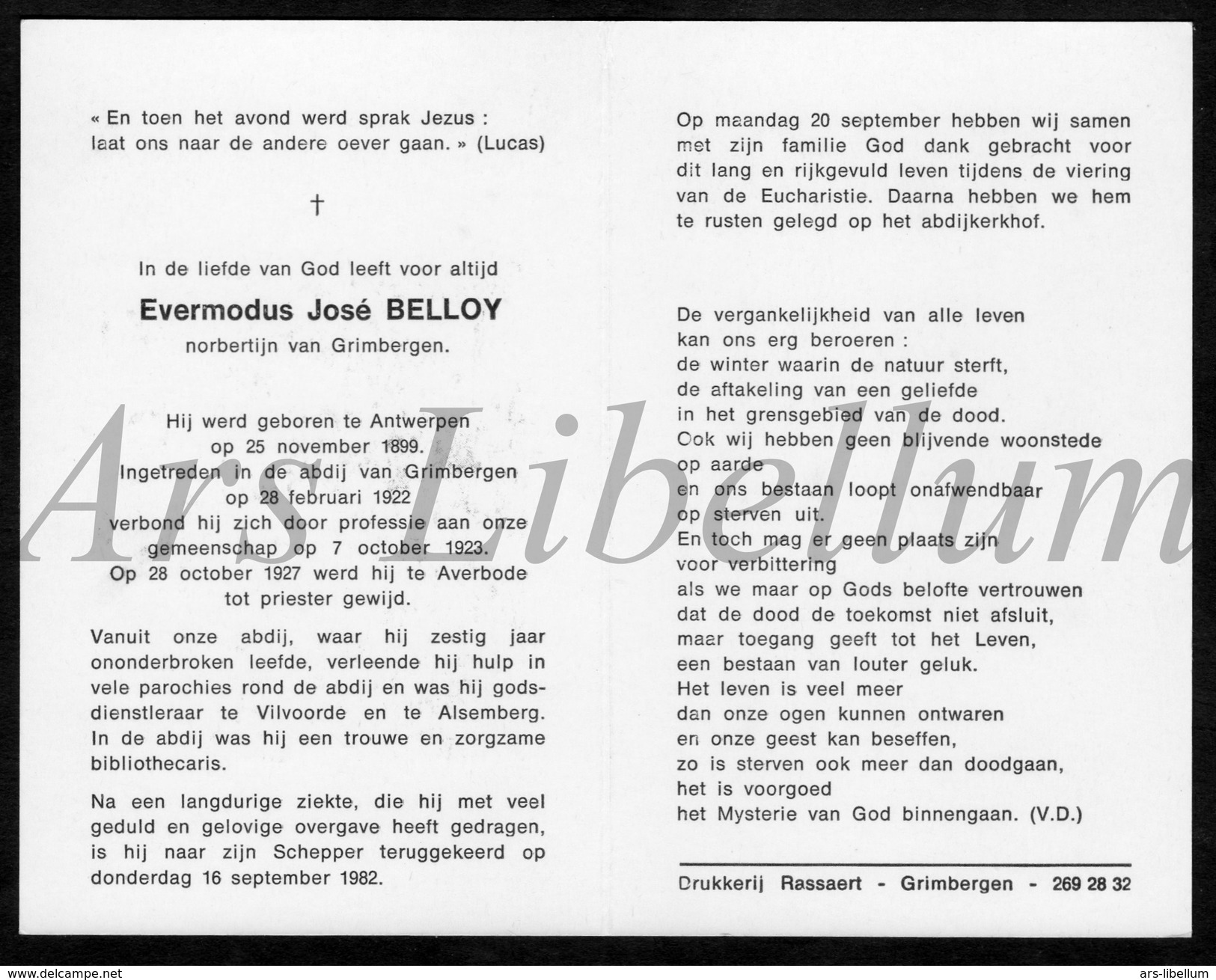 Doodsprentje / Bidprentje / Avis De Décès / 2 Scans / Norbertijn Grimbergen / Evermodus José Belloy / Averbode / 1982 - Godsdienst & Esoterisme