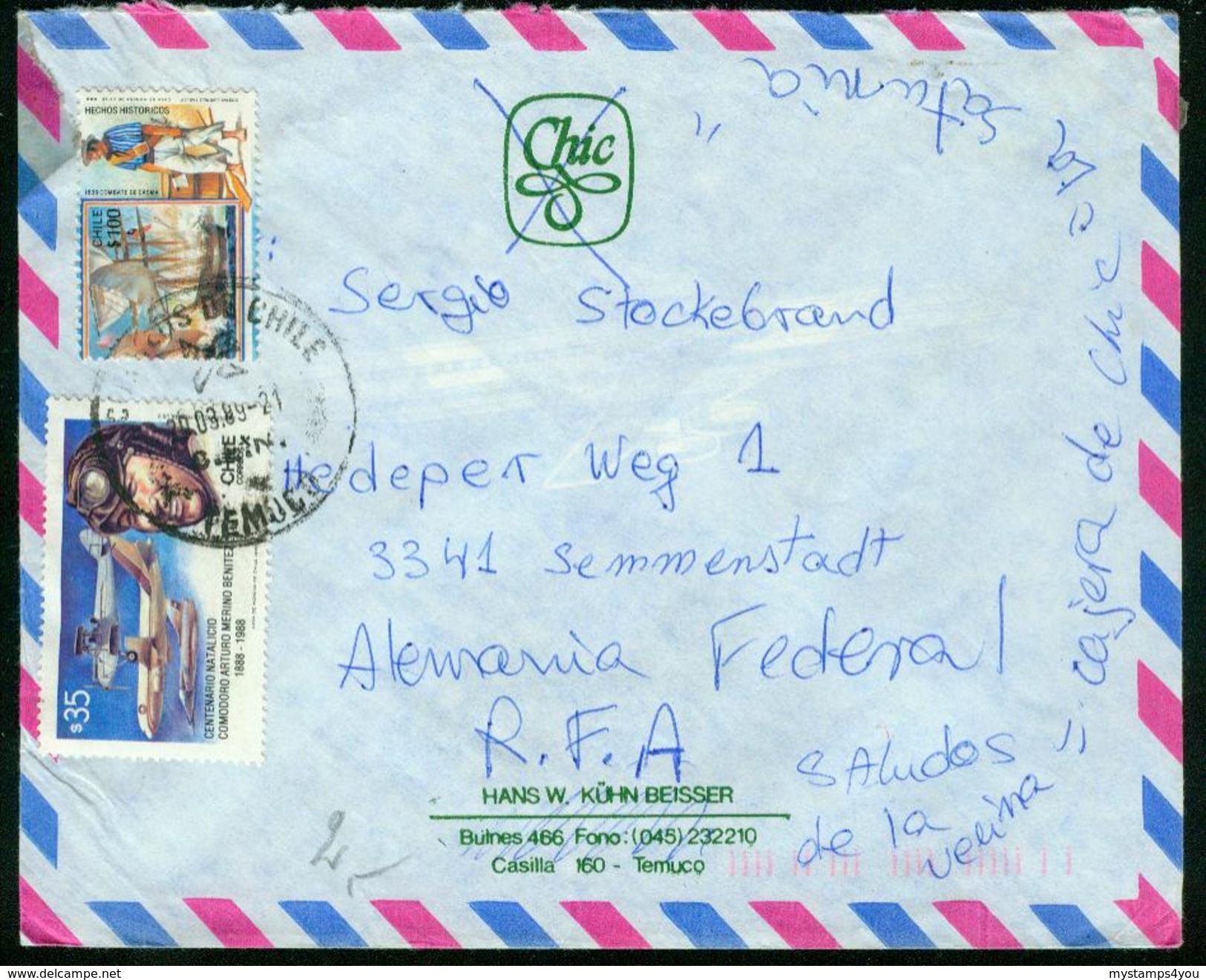 BR Chile, Temuco - 1989 Luftpost Brief Nach BRD, Semmenstedt - Chile