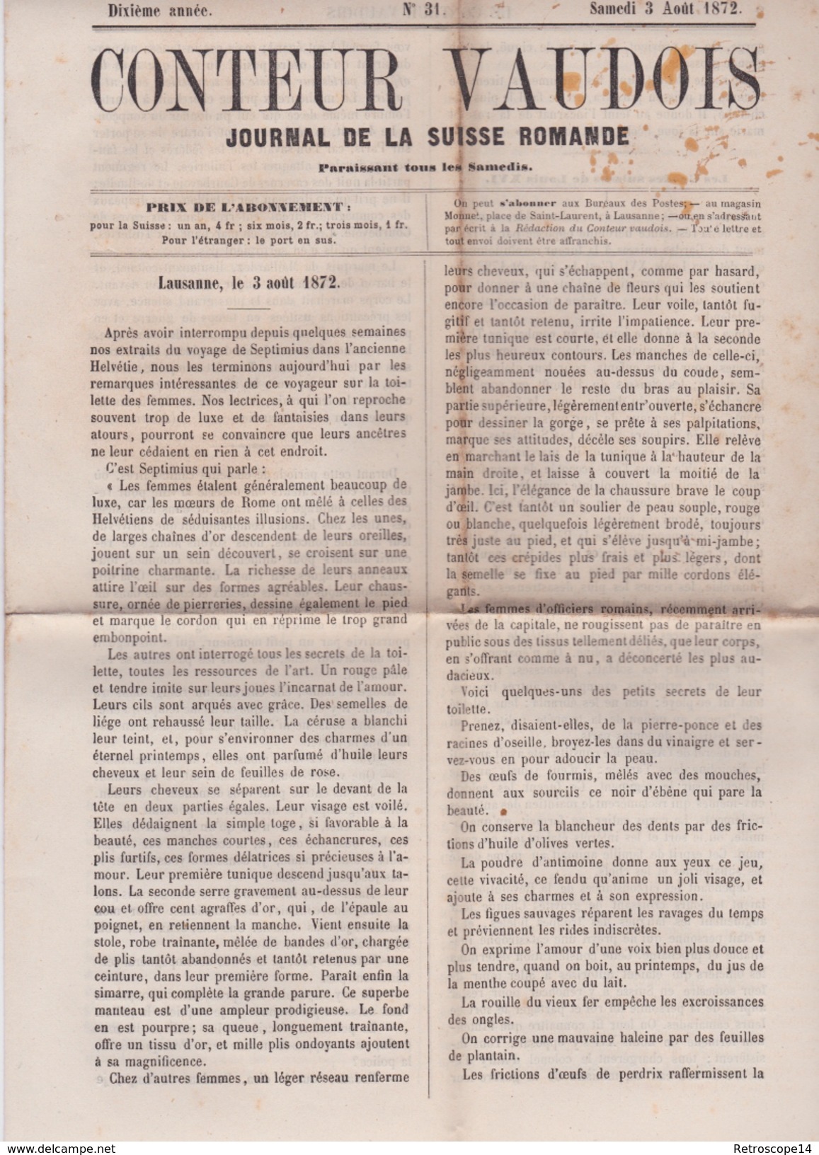 RARE. 1872. LE CONTEUR VAUDOIS, Journal De La Suisse Romande. Lausanne. Louis Monnet. - 1850 - 1899