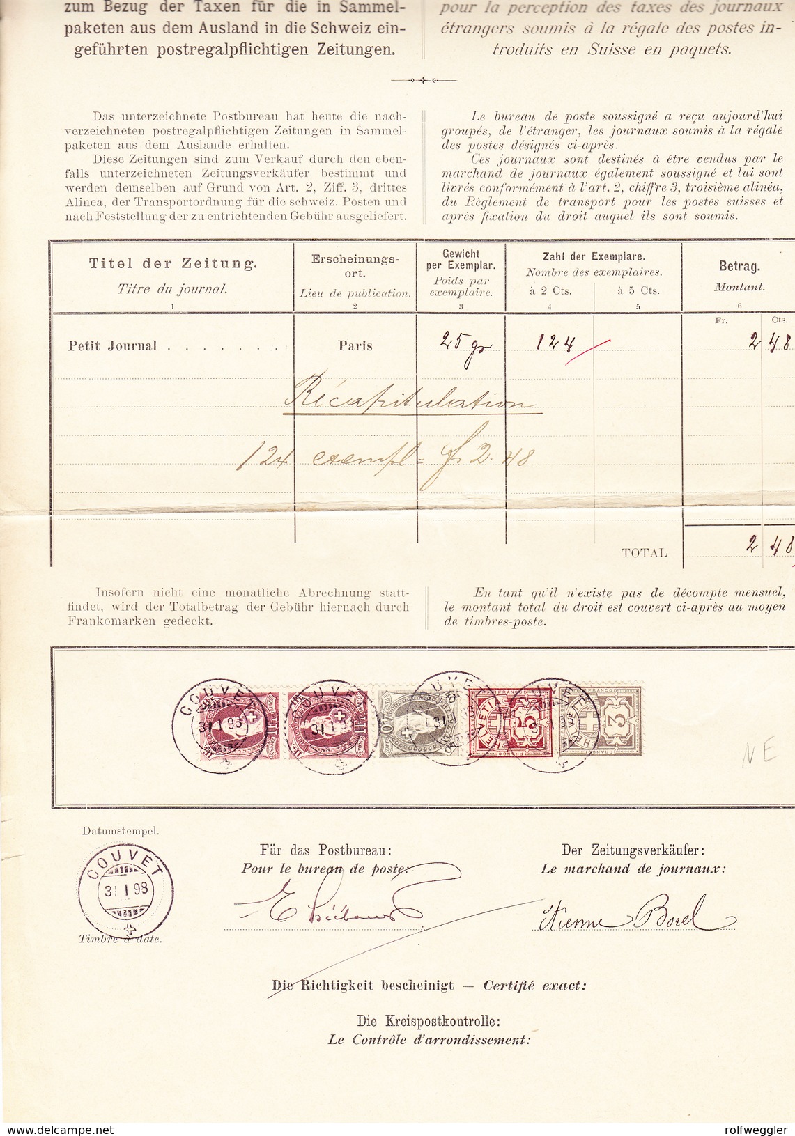 Schweiz Stehende 40Rp, 1Fr. (2) Und WZ3, 5Rp Couvet 31.1.1898 Postverwaltung Bordereau - Cartas & Documentos