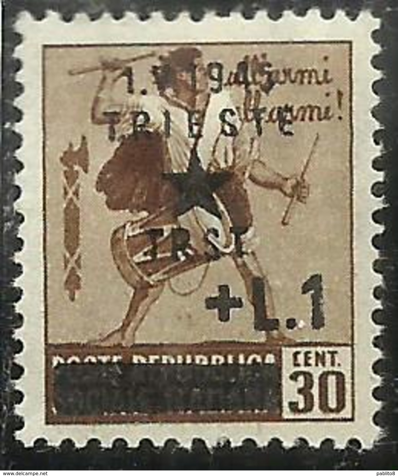 OCCUPAZIONE JUGOSLAVIA IUGOSLAVIA DI TRIESTE 1945 FILIGRANA WATERMARK SOPRASTAMPATO D'ITALIA 1 LIRA SU CENT 30 MLH SIGL. - Joegoslavische Bez.: Trieste