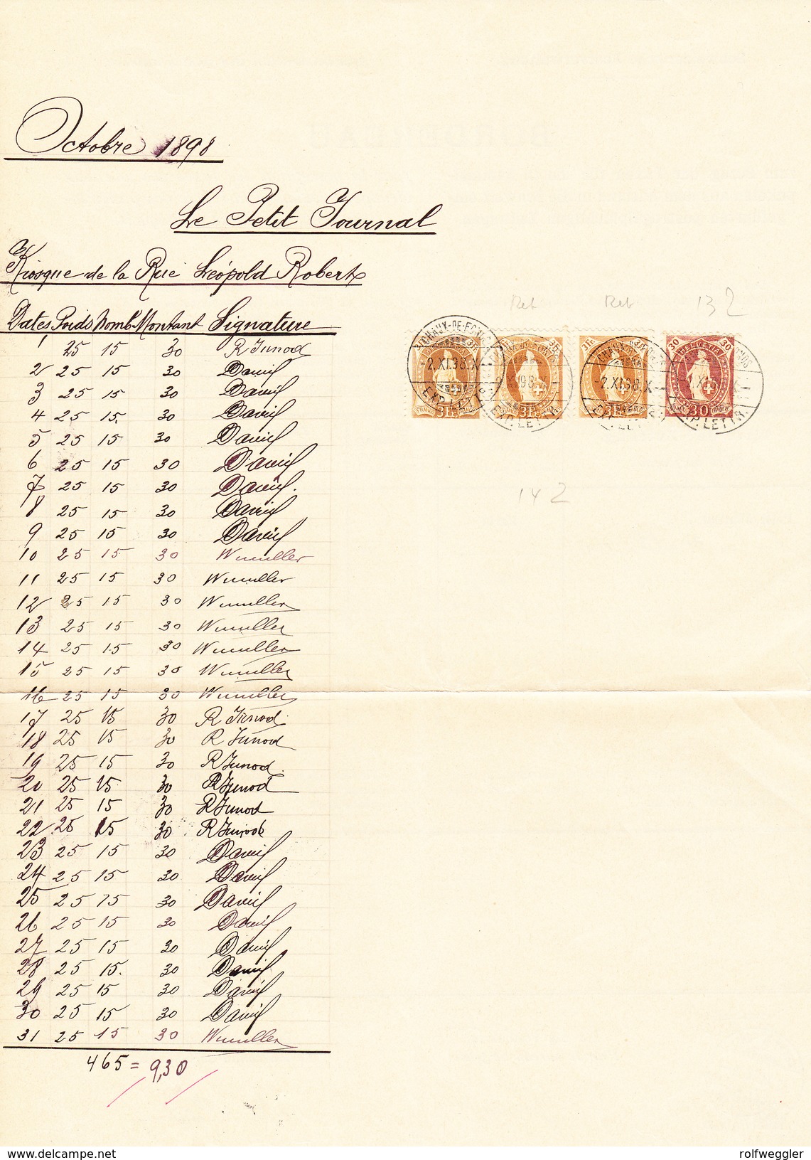 Schweiz Stehende 30Rp, 3Fr. (3) Chaux-de-Fonds 2.11.1898 Auf Postverwaltung Bordereau - Briefe U. Dokumente