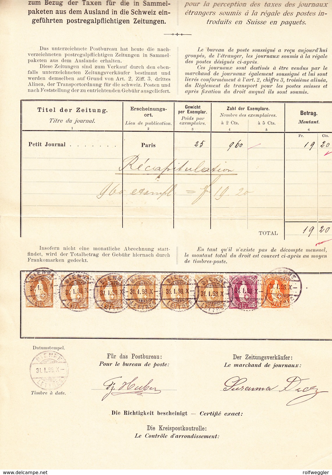 Schweiz Stehende 20Rp, 1Fr, 3Fr. (6) Bienne 31.1.1898 Auf Postverwaltung Bordereau - Lettres & Documents