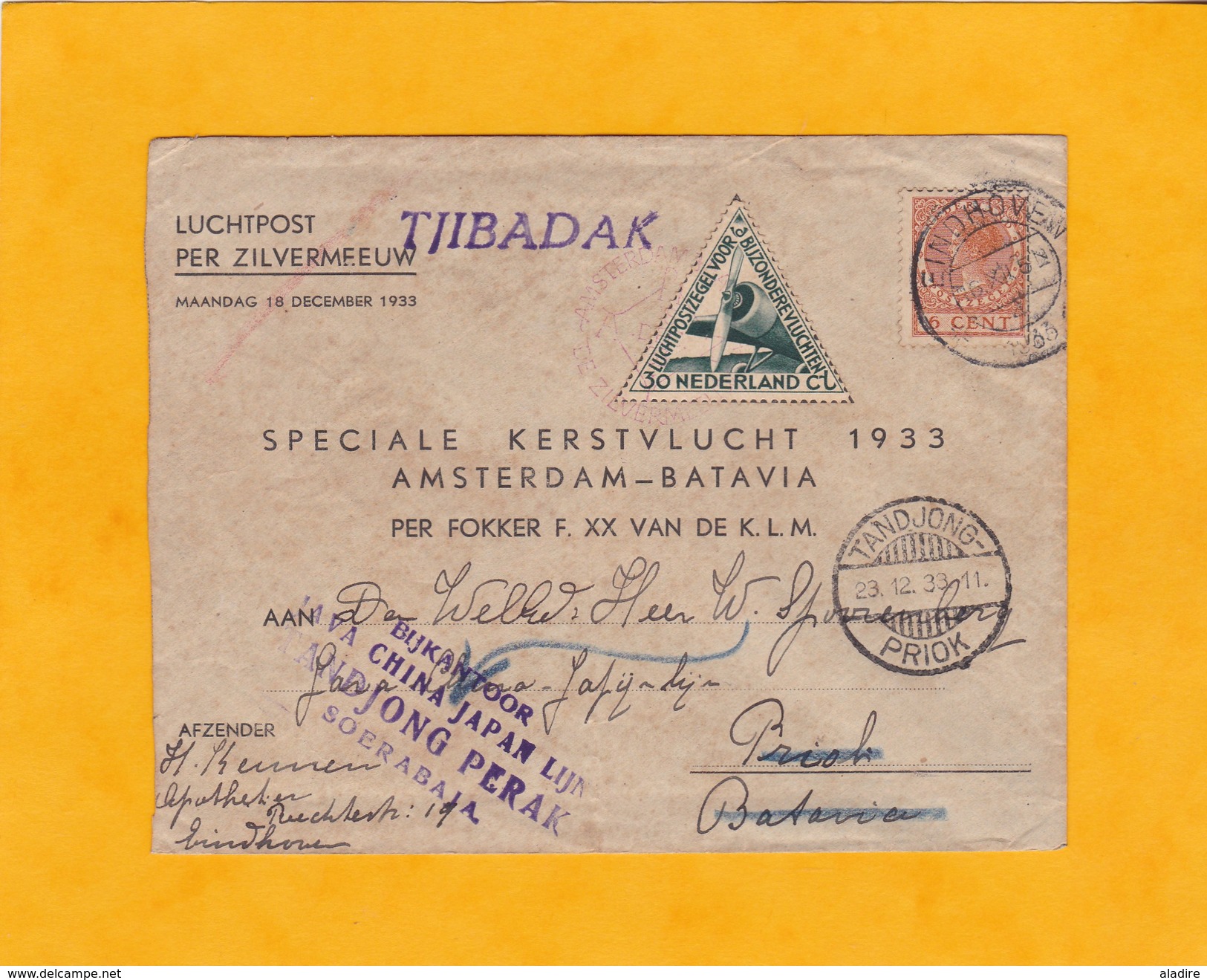 1933 - Enveloppe Par Avion De Eindhoven Vers Tandjong, Indonésie Via Amsterdam Et Batavia - Vol De Noël - Luftpost