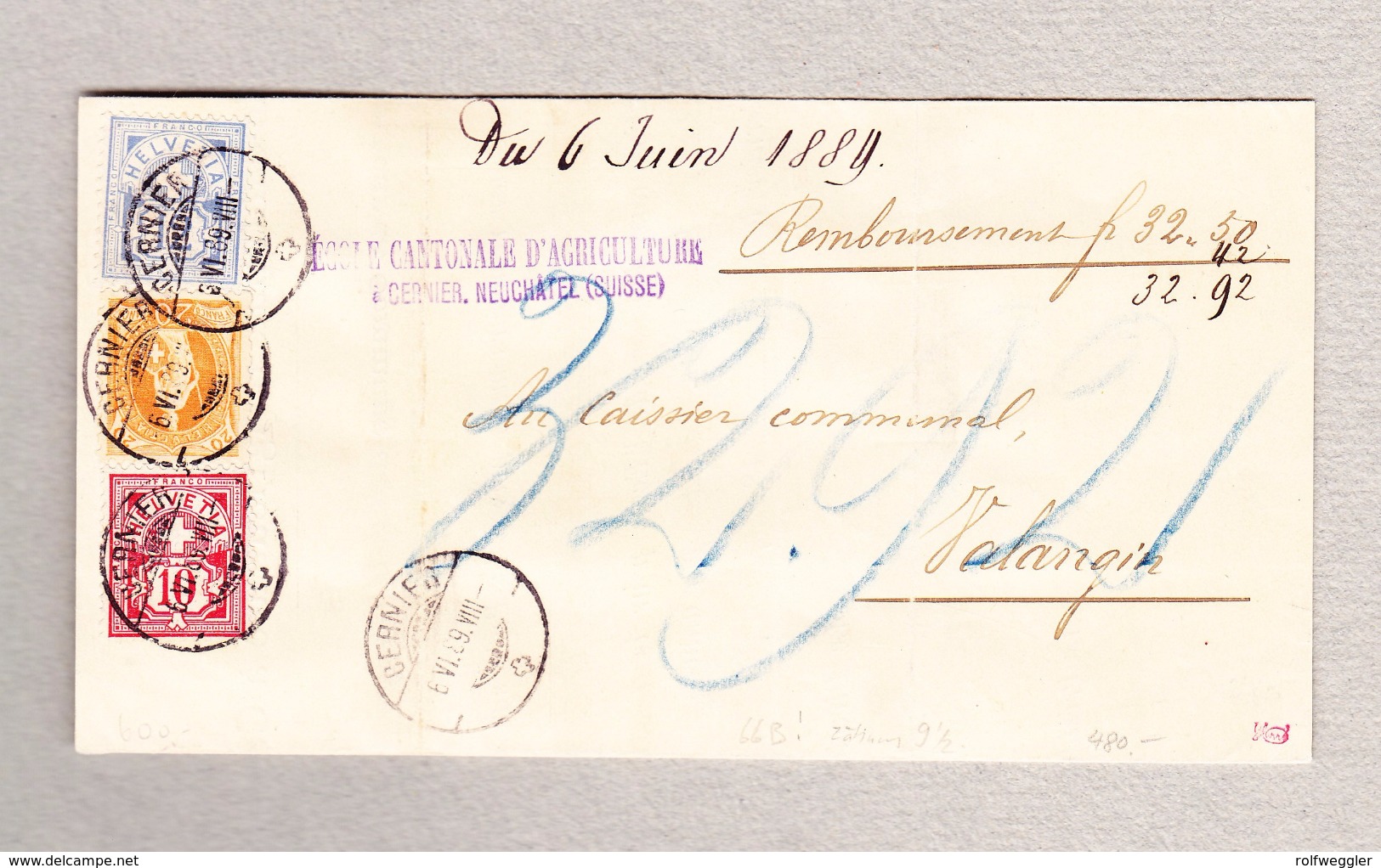 Schweiz Stehende 20Rp, WZ 10 Und 12Rp Cernier 6.6.1889 Brief Nach Valangin (Signiert Moser #66B) - Lettres & Documents