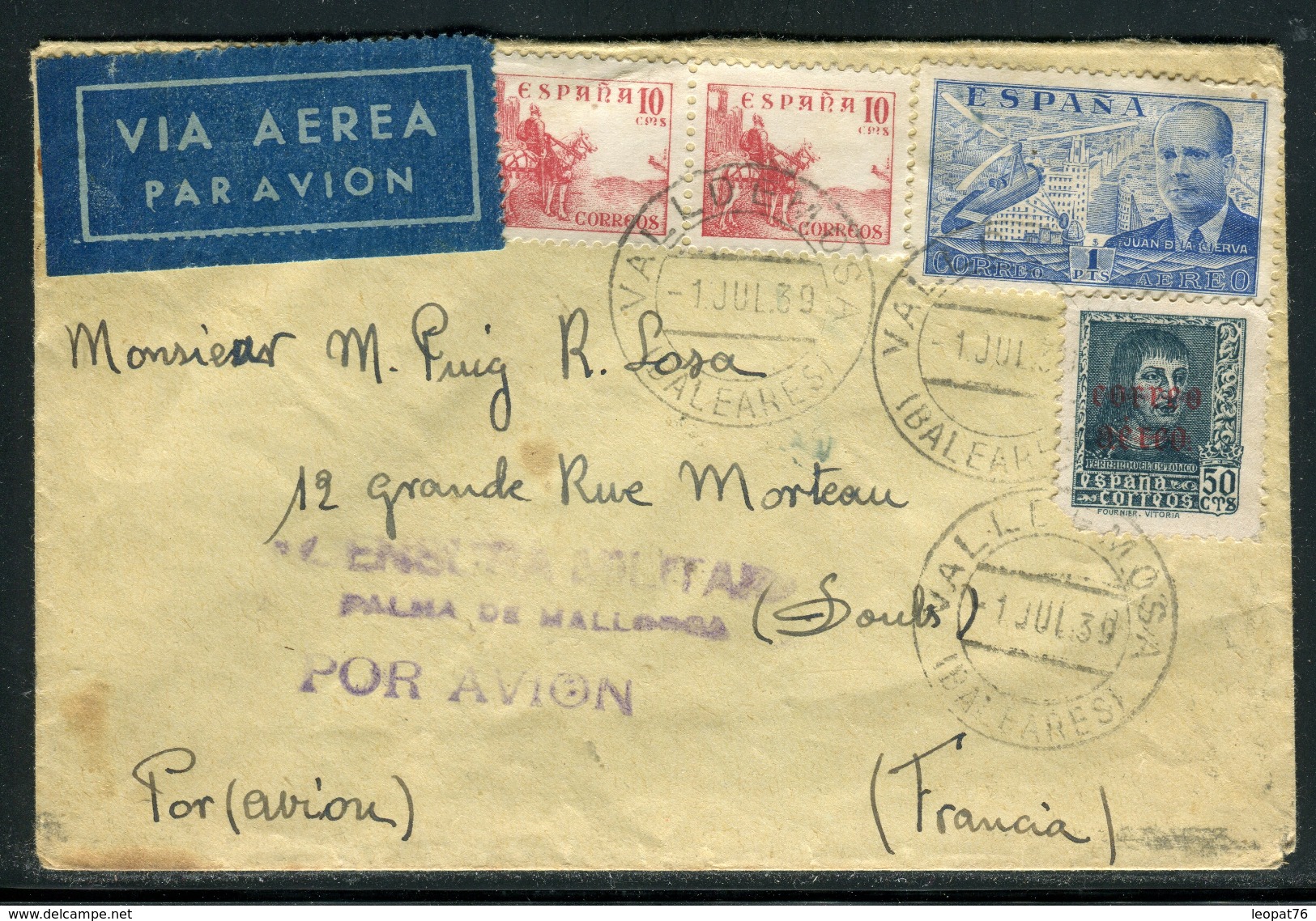 Espagne - Cover / Enveloppe De Valledemosa Par Avion Pour La France Avec Censure De Palma De Mallorca En 1939   Ref F76 - Nationalistische Zensur