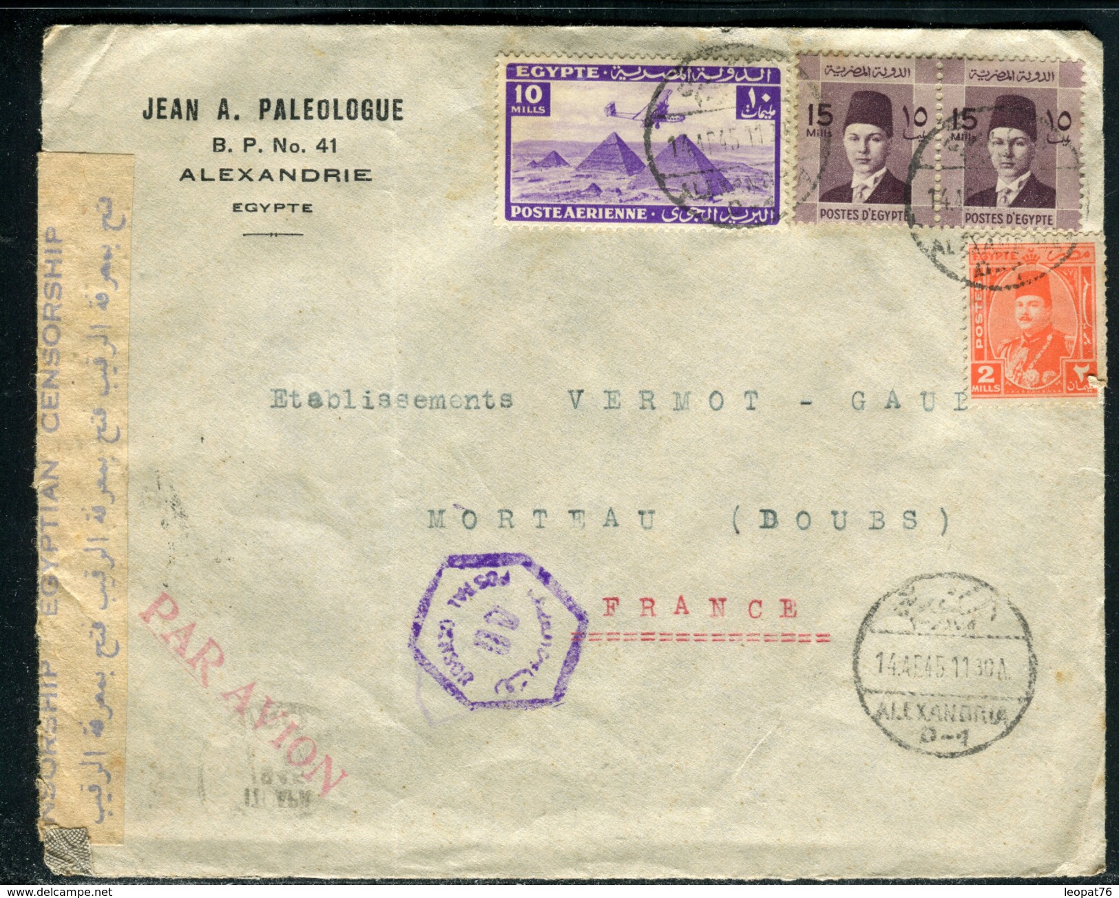 Egypte - Cover / Enveloppe De Alexandrie Pour La France En 1945 Avec Contrôle Postal , Affr. Plaisant  Ref F79 - Covers & Documents