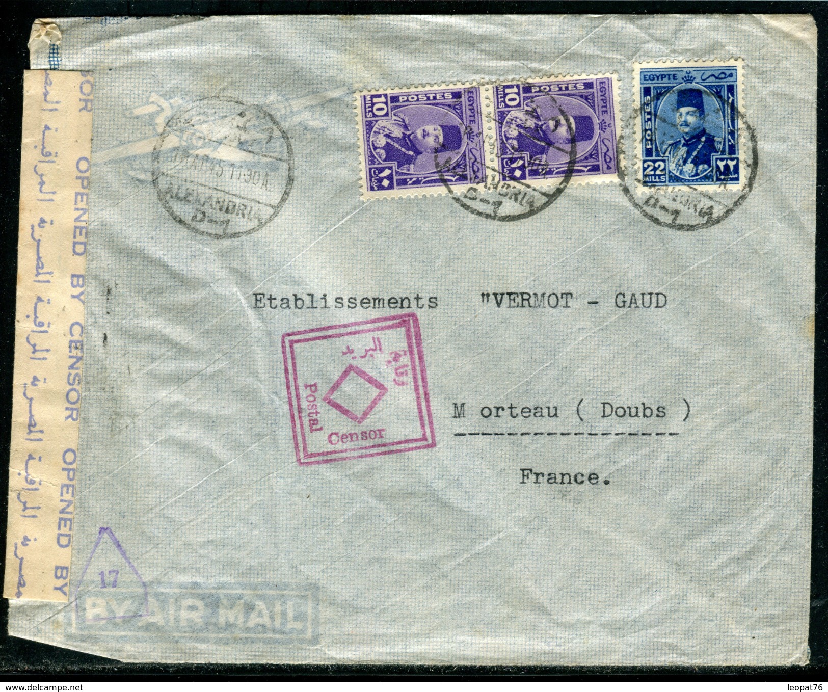 Egypte - Cover / Enveloppe De Alexandrie Pour La France En 1945 Avec Contrôle Postal , Affr. Plaisant  Ref F80 - Lettres & Documents