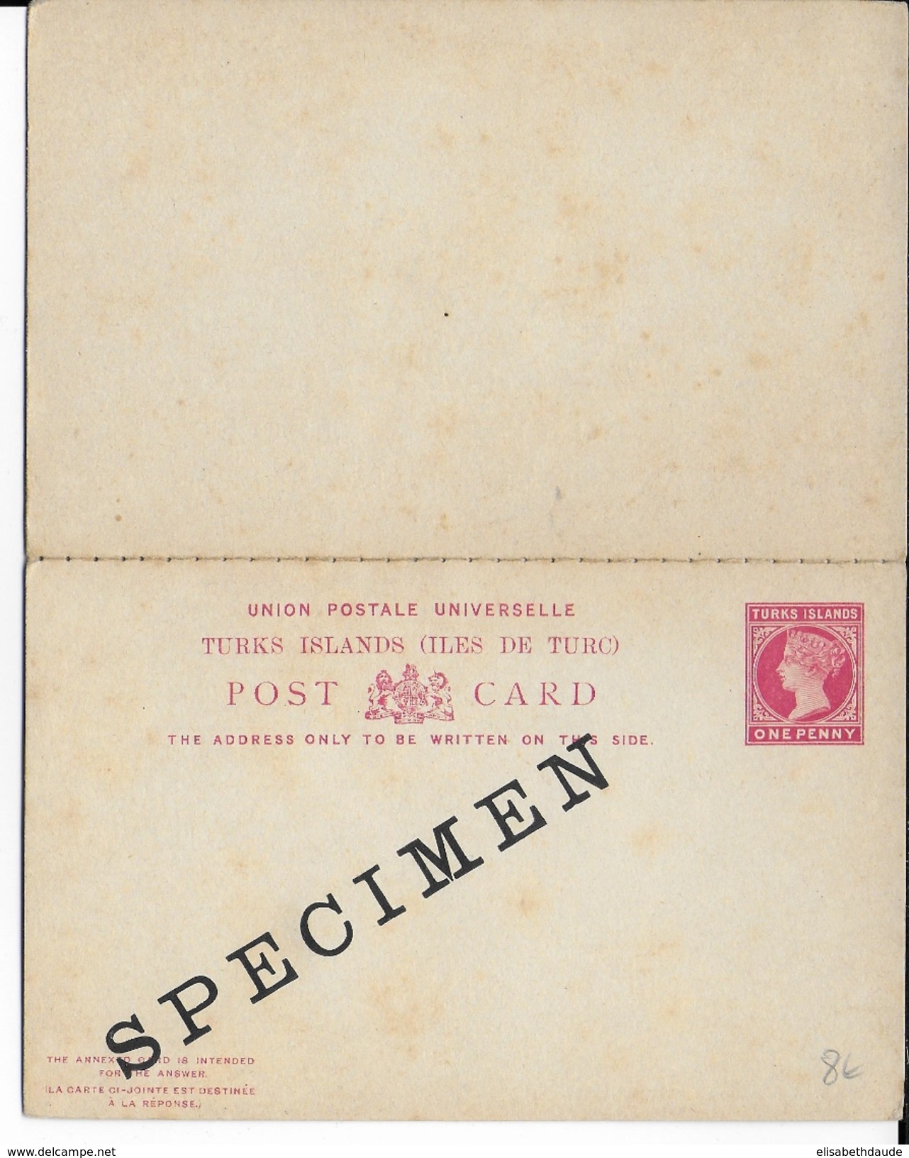 TURKS - REINE VICTORIA - CARTE ENTIER POSTAL AVEC REPONSE PAYEE SURCHARGEE "SPECIMEN" - Turcas Y Caicos