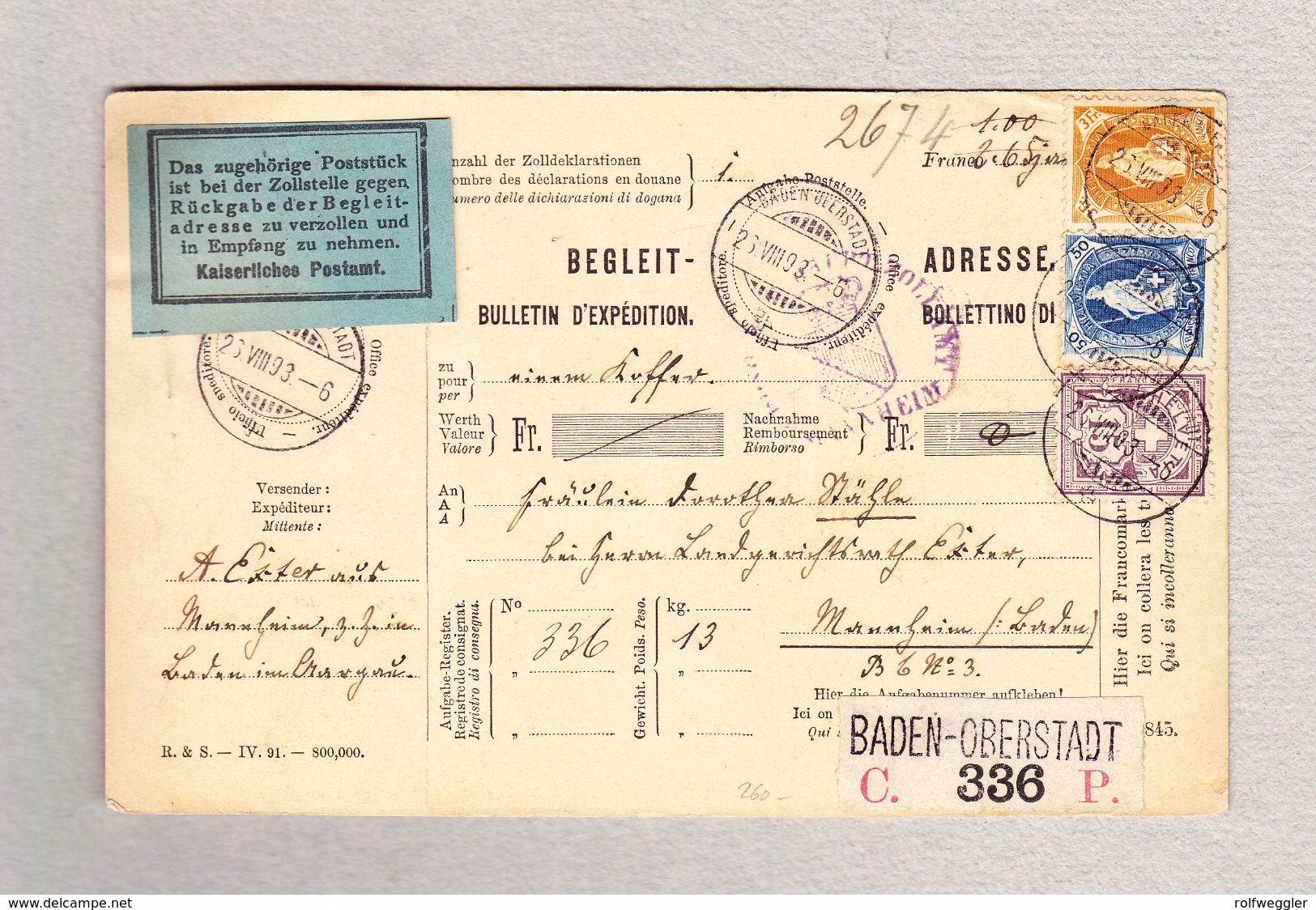 Schweiz Stehende 50Rp Und 3Fr Mit WZ 15Rp  Baden-Oberstadt 26.8.1893 Auf Begleit-Adresse Nach Mannheim - Lettres & Documents