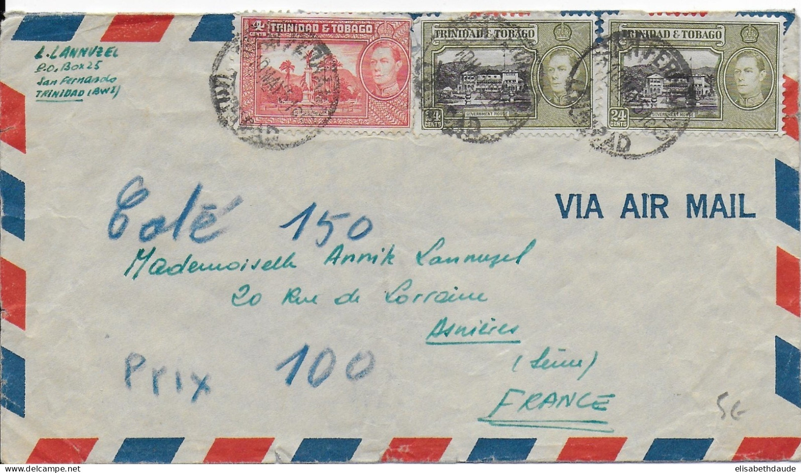 TRINIDAD AND TOBAGO - 1951 - ENVELOPPE Par AVION De SAN FERNANDO Pour ASNIERES - Trinité & Tobago (...-1961)