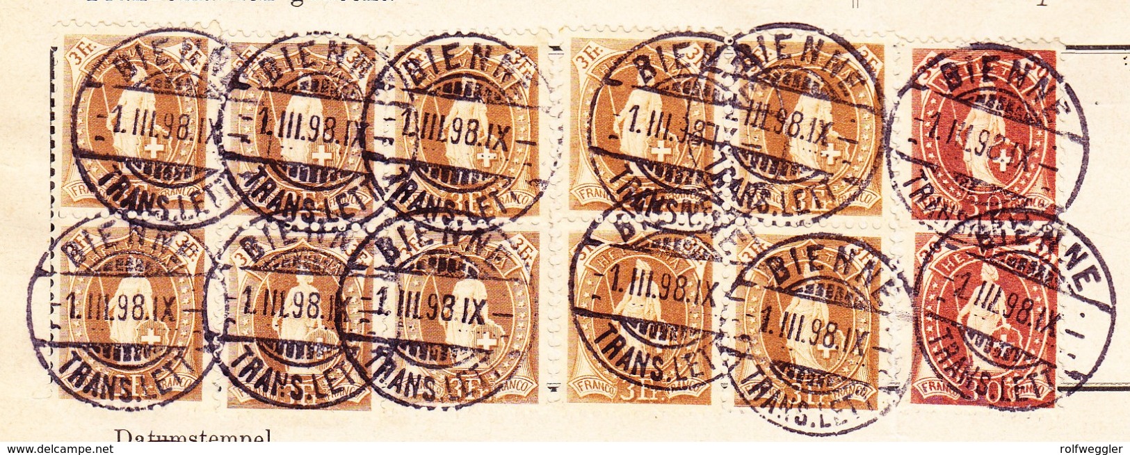 Schweiz Stehende 30Rp (2) 3Fr (10) Bienne 1.3.1898 Auf Postverwaltung-Bordereau - Briefe U. Dokumente