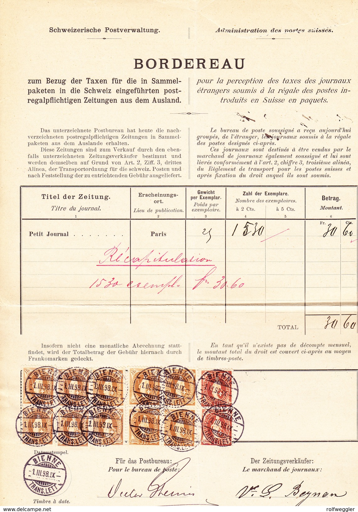 Schweiz Stehende 30Rp (2) 3Fr (10) Bienne 1.3.1898 Auf Postverwaltung-Bordereau - Storia Postale