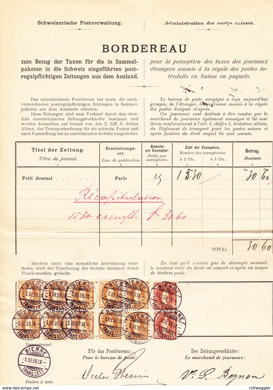 Schweiz Stehende 30Rp (2) 3Fr (10) Bienne 1.3.1898 Auf Postverwaltung-Bordereau - Briefe U. Dokumente