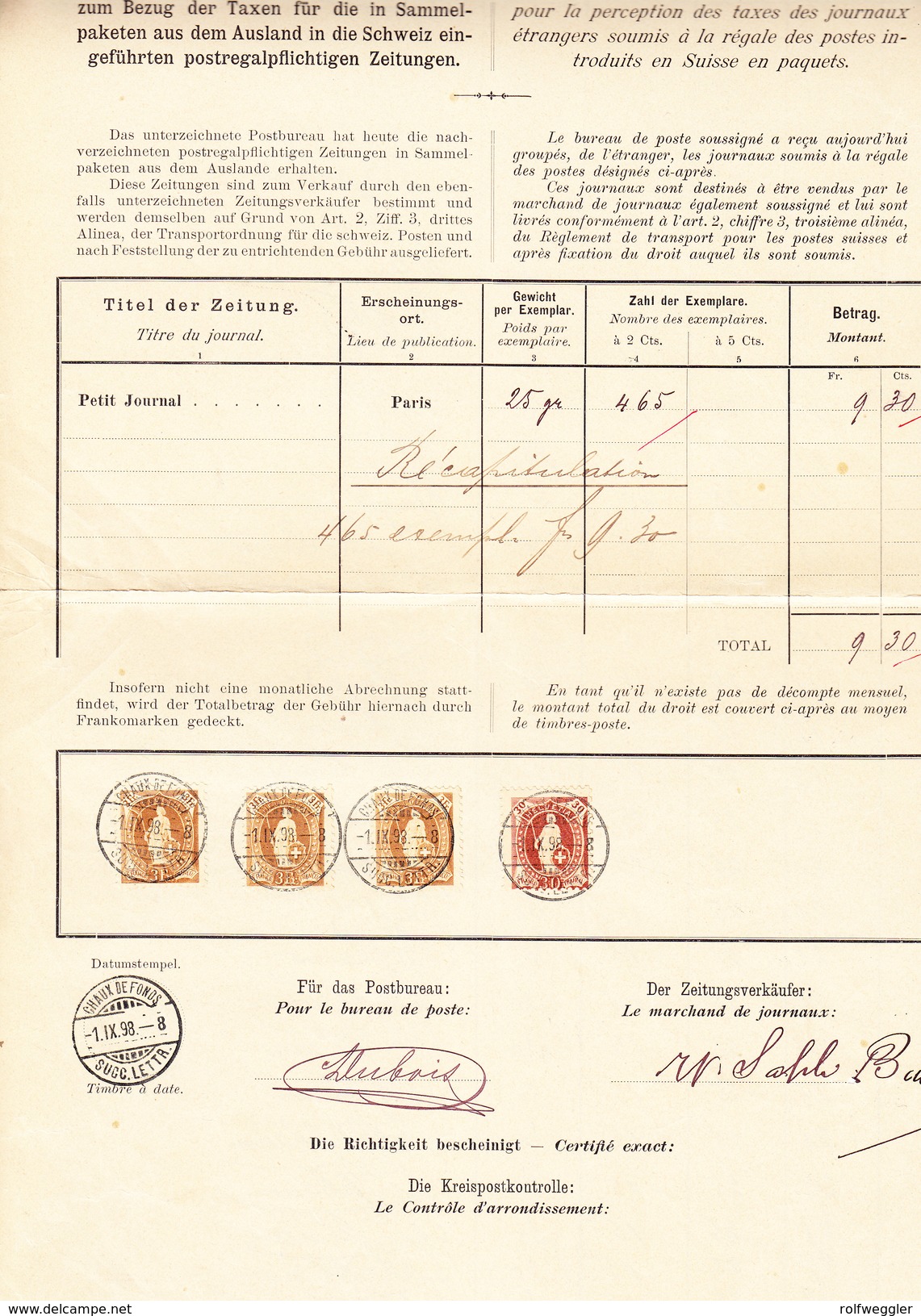 Schweiz Stehende 30Rp Und 3Fr (3) Chaux-de-Fonds 1.9.1898 Auf Postverwaltung-Bordereau - Lettres & Documents