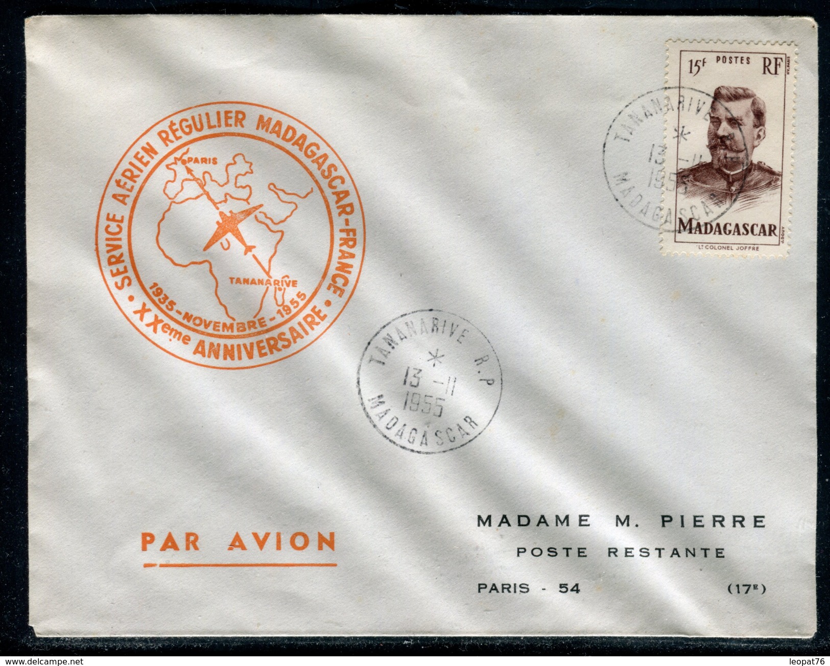 France / Madagascar - Cover / Enveloppe Du XXeme Anniversaire Du Service Aérien Régulier Avec La France En 1955  Ref F95 - Cartas & Documentos