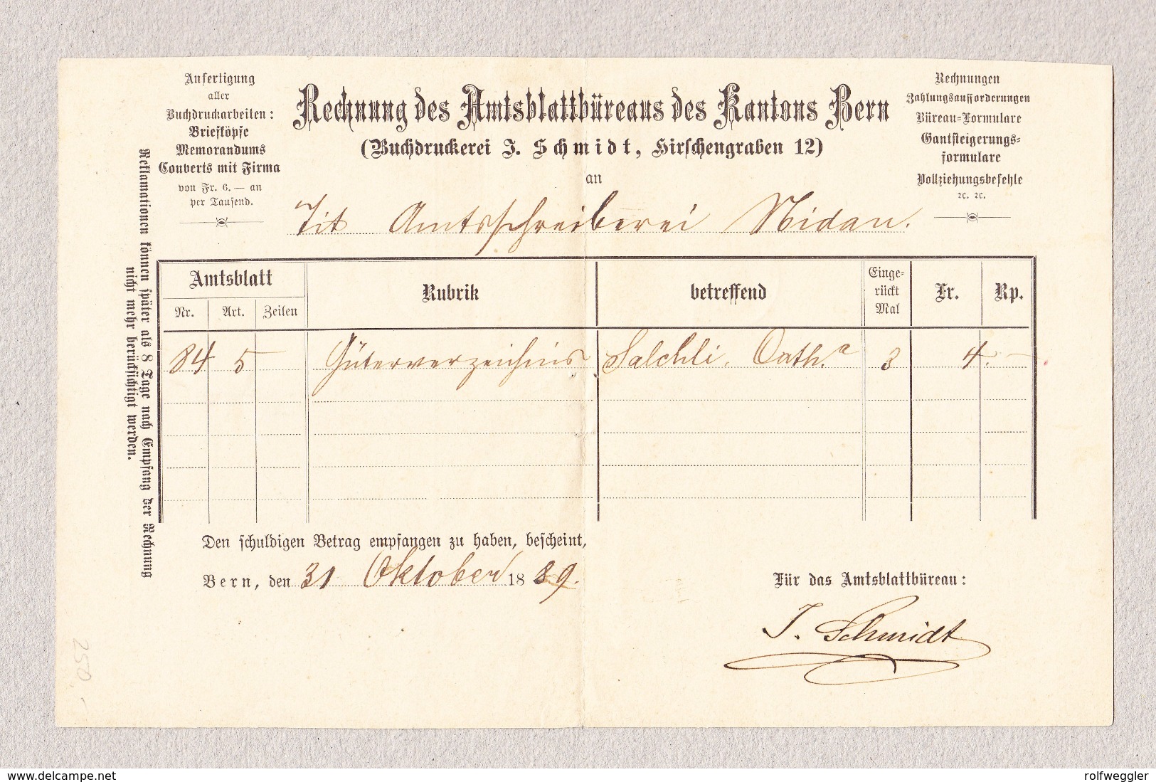 Schweiz Stehende Helvetia 20Rp Bern 31.10.1889 Im Kasten Auf NN Amtsblattbüreau Nach Nidau - Lettres & Documents