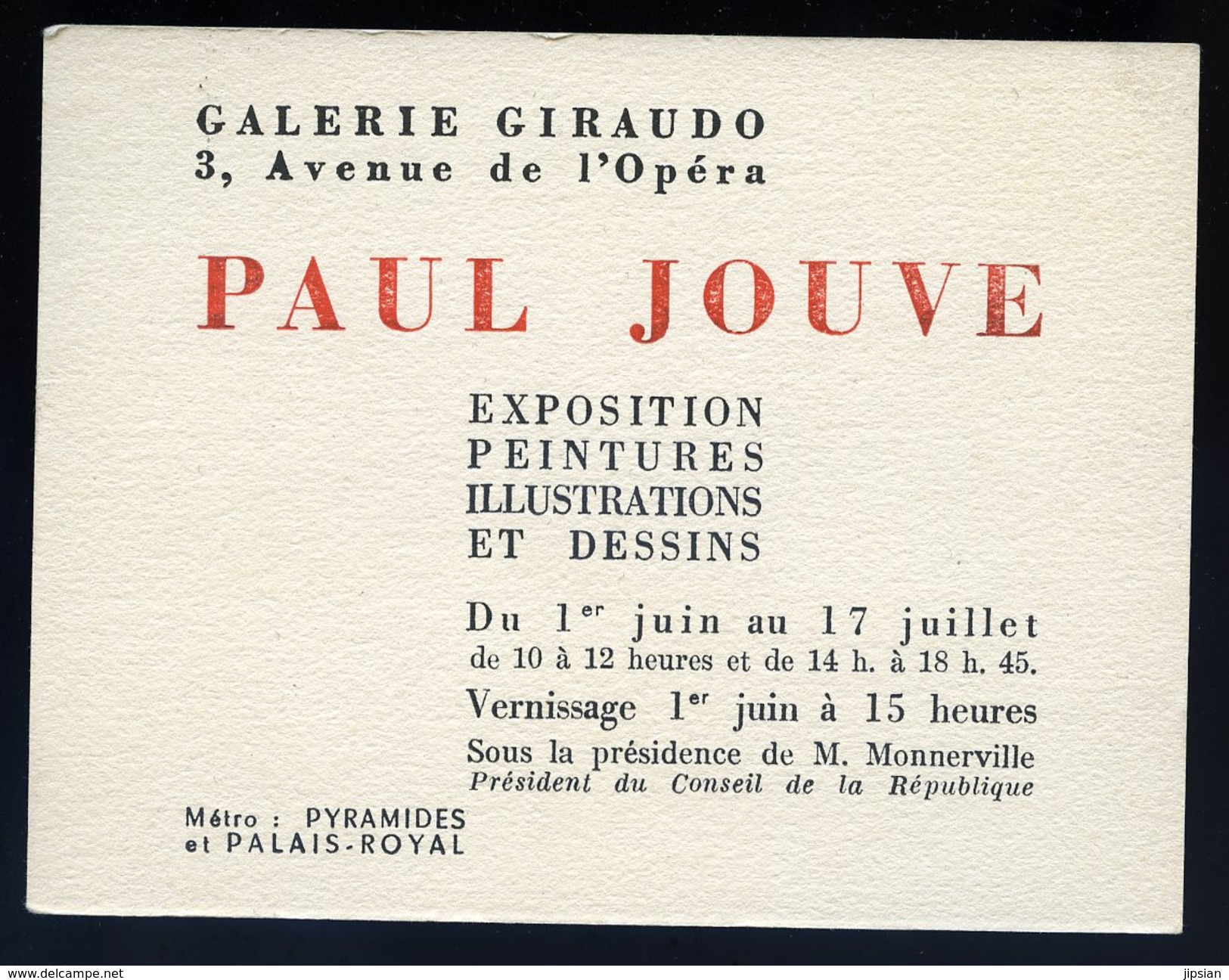 Carton Invitation Galerie Giraudo Paris Avenue De L' Opéra Peintre Paul Jouve 1948   GX36 - Programmes