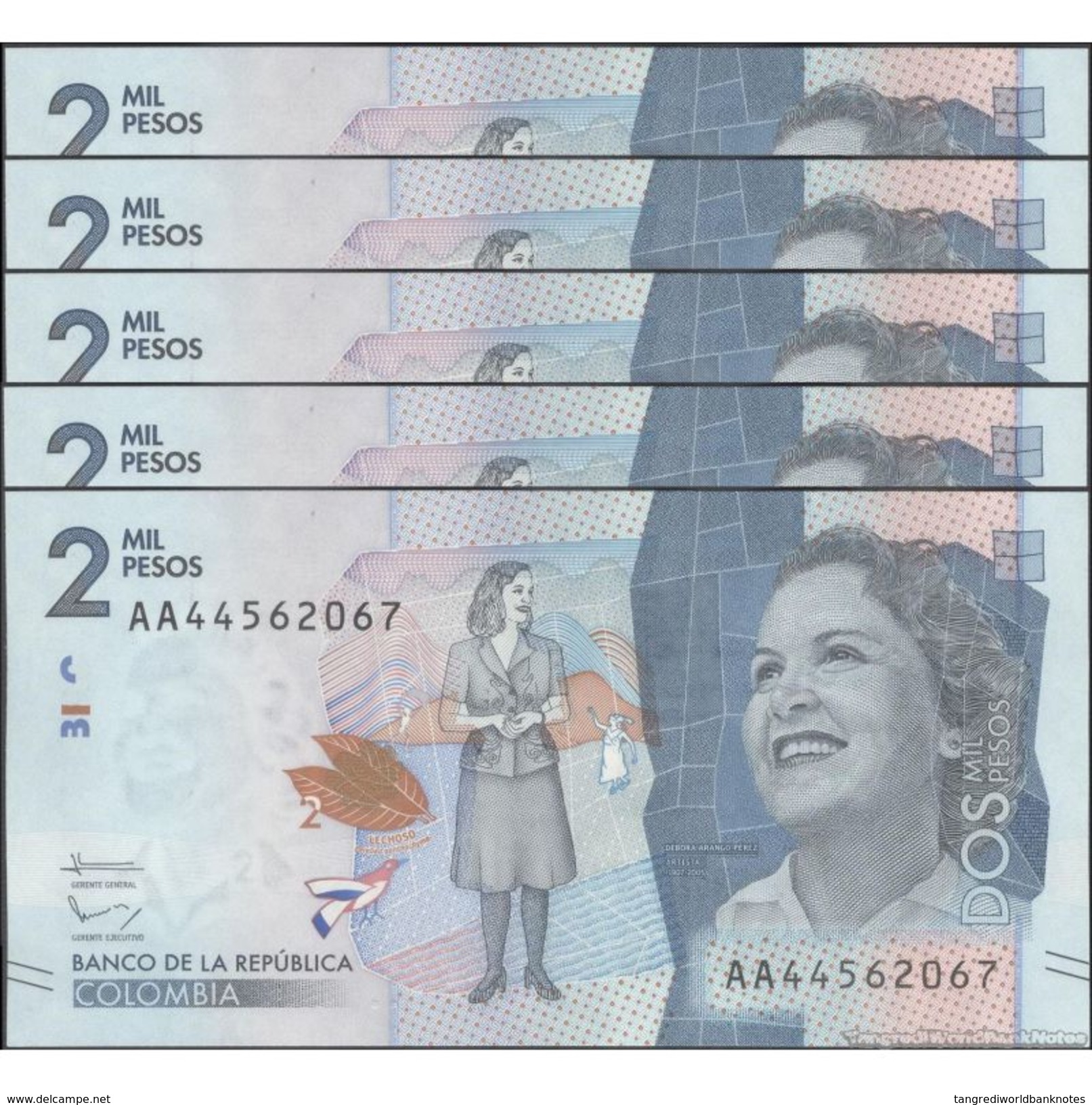 TWN - COLOMBIA NEW - 2000 2.000 Pesos 19.8.2015 (2016) Prefix AA UNC DEALERS LOT X 5 - Colombia