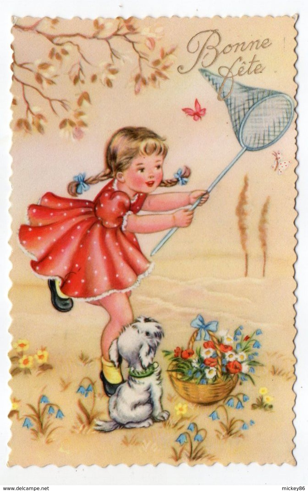 Illustrateur ????-Bonne Fête--fillette,fleurs,chien Et Papillon-- Cpsm 14 X 9  N° 566  éd  Photchrom - Contemporánea (desde 1950)