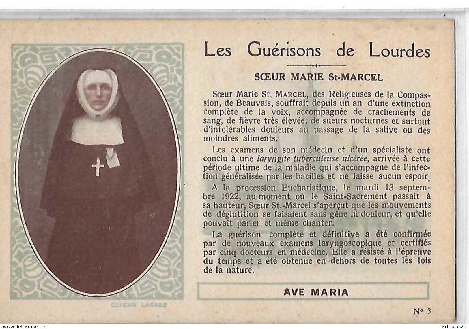 BEAUVAIS SOEUR MARIE SAINT MARCEL  GUERISON DE LOURDES      GROS PLAN   DEPT 60 - Beauvais