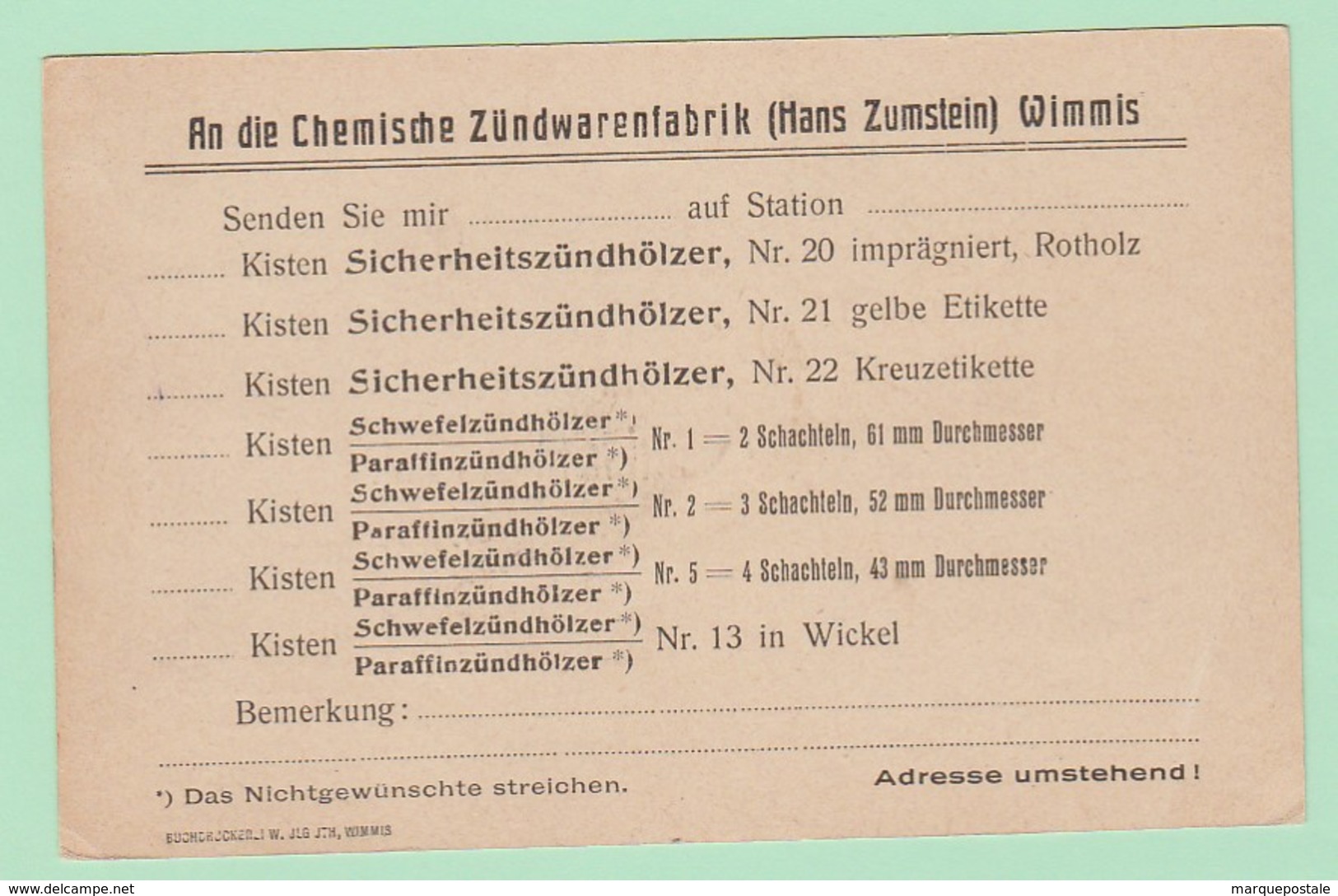 S.20 Entier Postal Repiqué/Zudruck CP** Zündwarenfaabrik Wimmis  = Allumettes Bois - Entiers Postaux