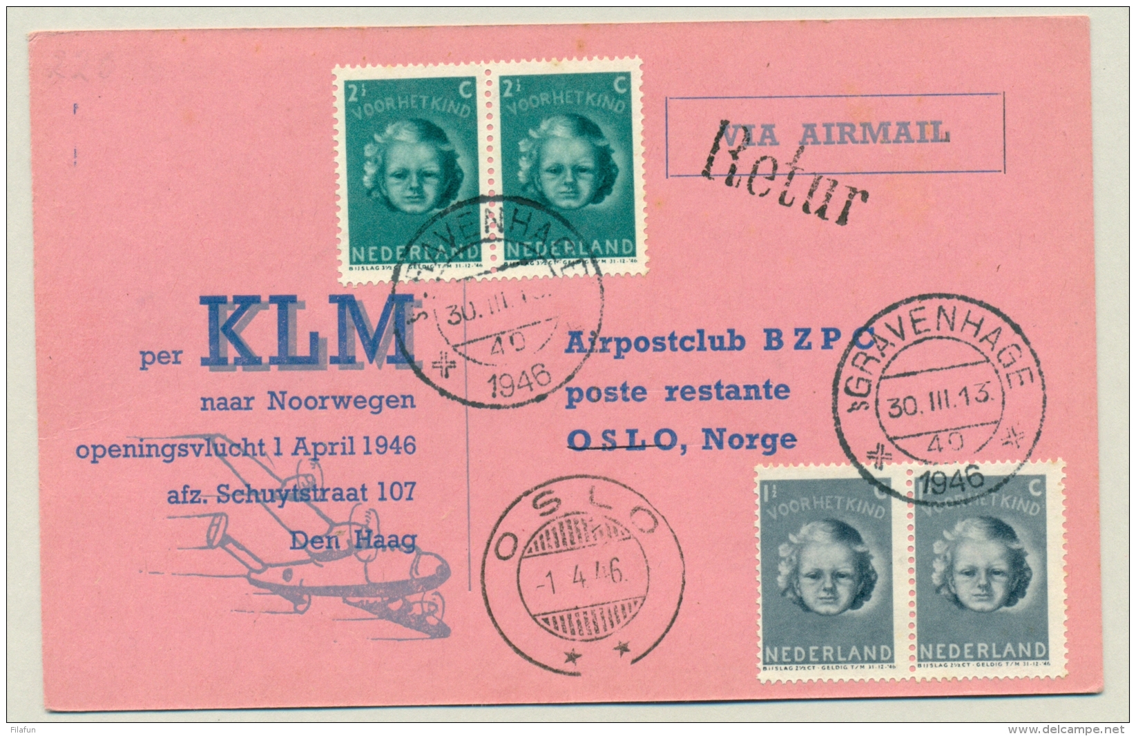 Nederland - 1946 - 1st KLM-flight Van Amsterdam Naar Oslo / Norge - Brieven En Documenten