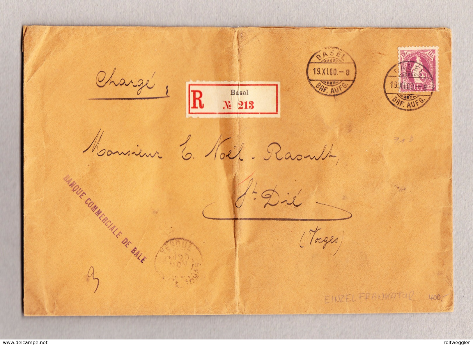Schweiz Stehende Helvetia 1Fr Einzelfrankatur Gest. Basel 19.11.1900 R-Brief Nach St Dié Frankreich - Briefe U. Dokumente