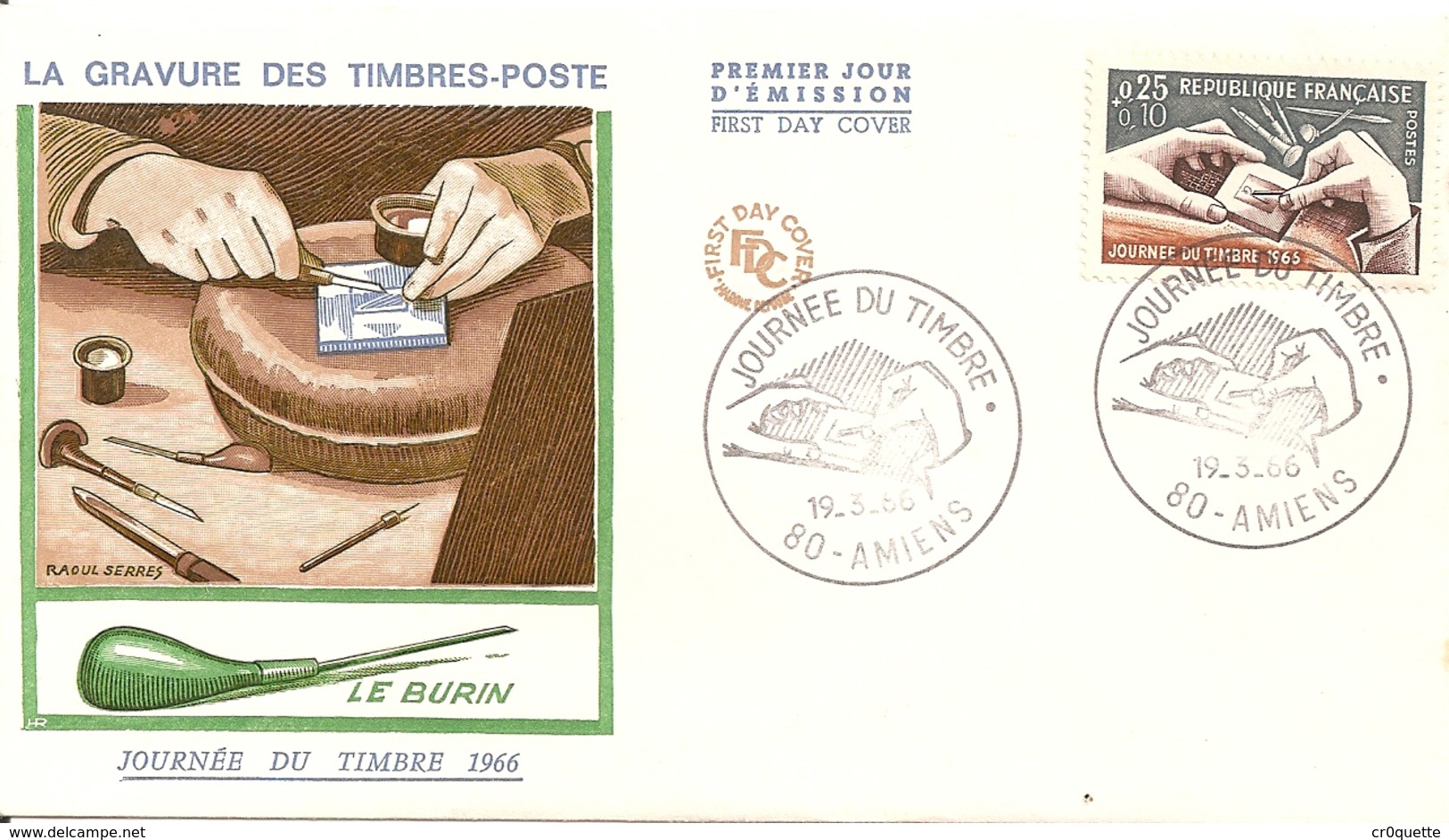 ENVELOPPE PREMIER JOUR - JOURNEE DU TIMBRE 80000 AMIENS Le 19 Mars 1966 - LA GRAVURE DES TIMBRES POSTES - Andere & Zonder Classificatie