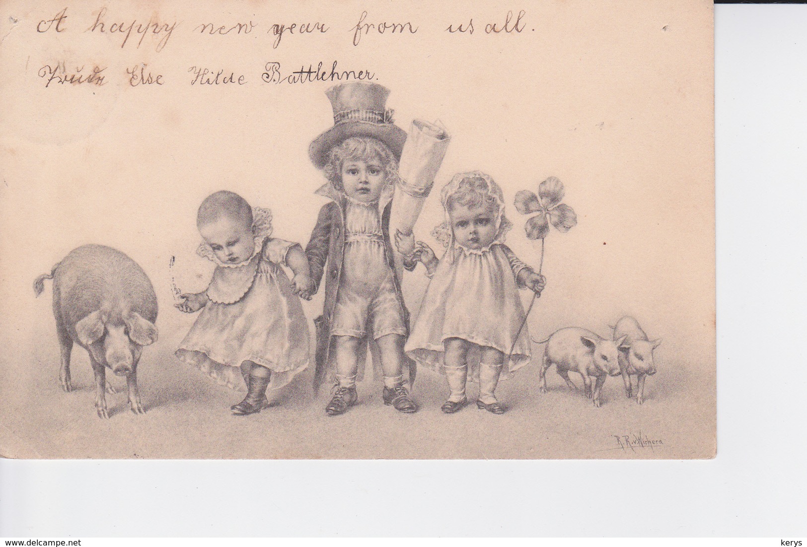 Très Belle Cpa De 1889 : Enfants Avec Trèfle Porte-bonheur Et Cochons - Wichera