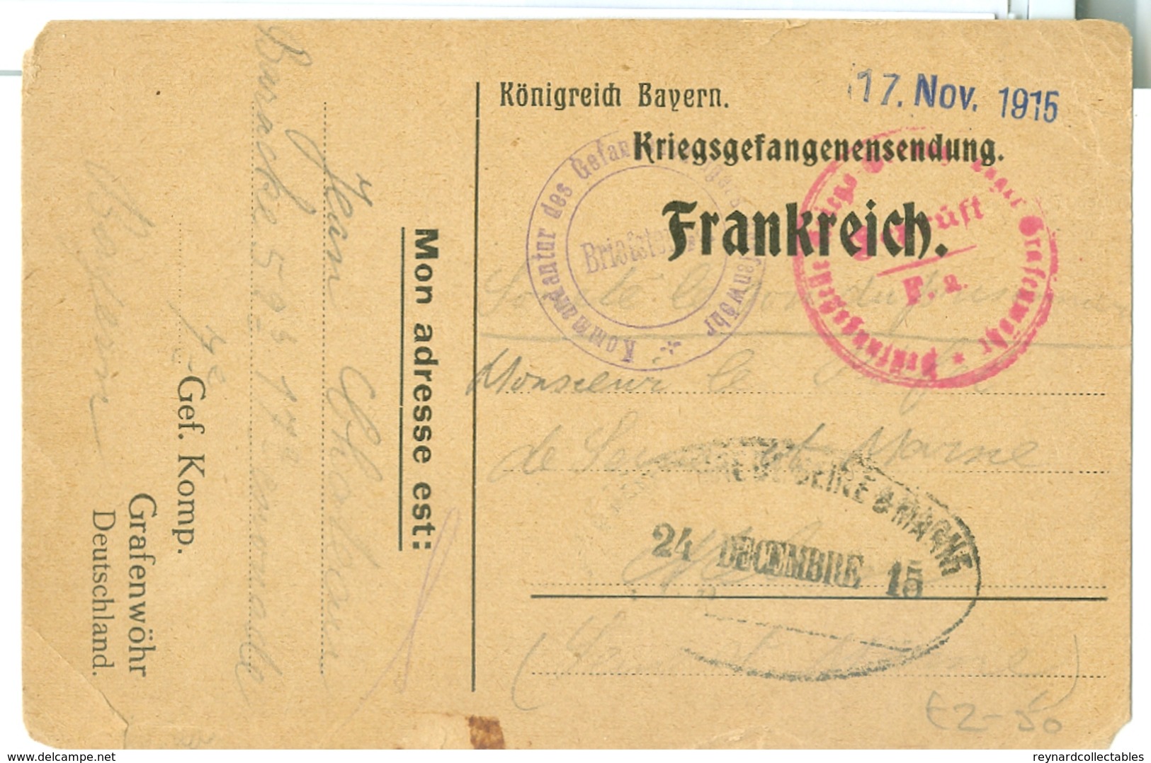 1915 WWI German POW Card To France From Grafenwohr Camp - Militaria